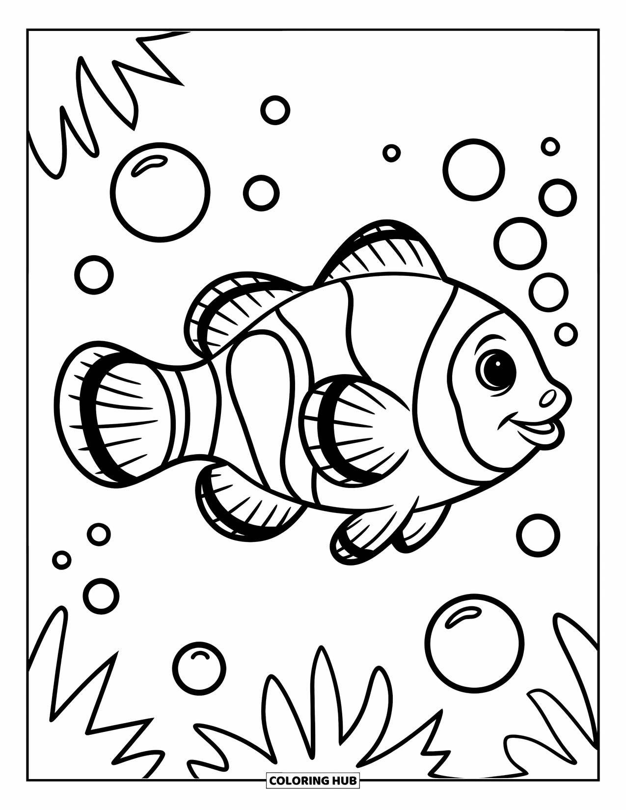 Fisch Ausmalbild für Kinder: Ein einfacher Clownfisch mit kräftigen Umrissen schwimmt zwischen schwebenden Blasen in einer ruhigen Szene