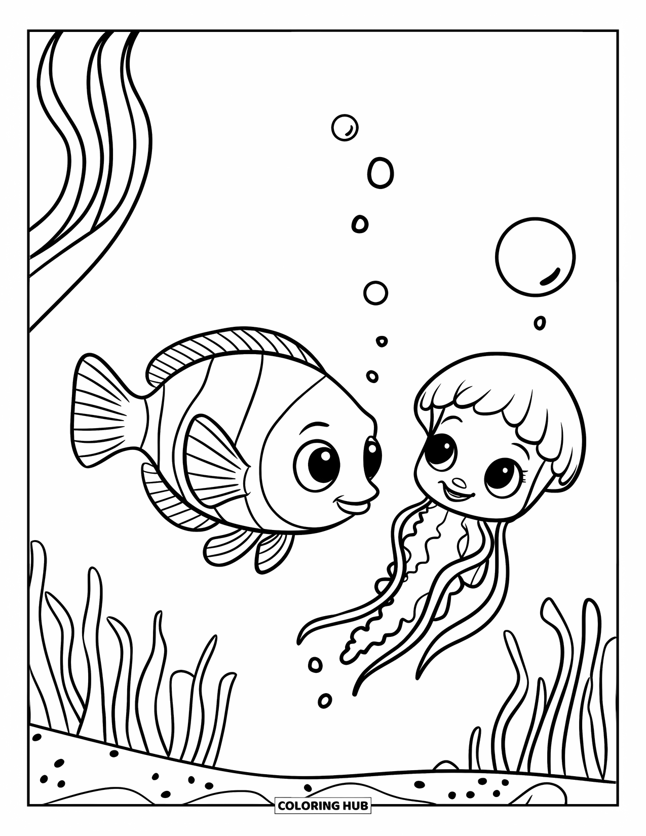 Fisch Ausmalbild für Kinder: Ein kleiner Kaiserfisch und eine Babyqualle schwimmen zusammen in der Nähe von sanften Wellen und Algen