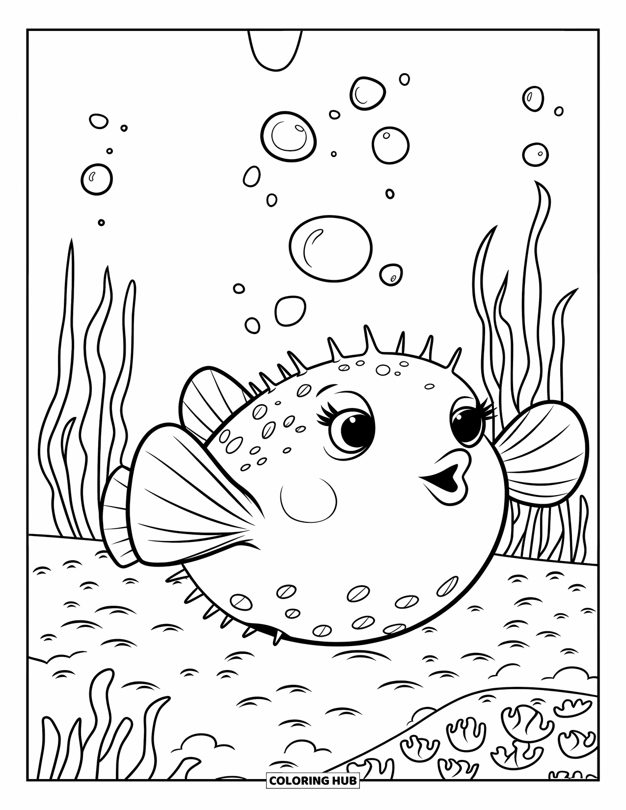 Fisch Ausmalbild für Kinder: Ein kleiner Kugelfisch mit einem runden Körper bläst Blasen, während er in der Nähe des Meeresbodens ruht