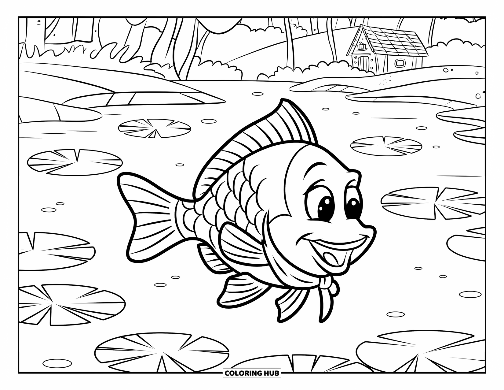 Fisch Ausmalbild für Kinder: Ein lächelnder Fisch mit einem Schal schwimmt durch einen ruhigen Teich mit verstreuten Seerosenblättern