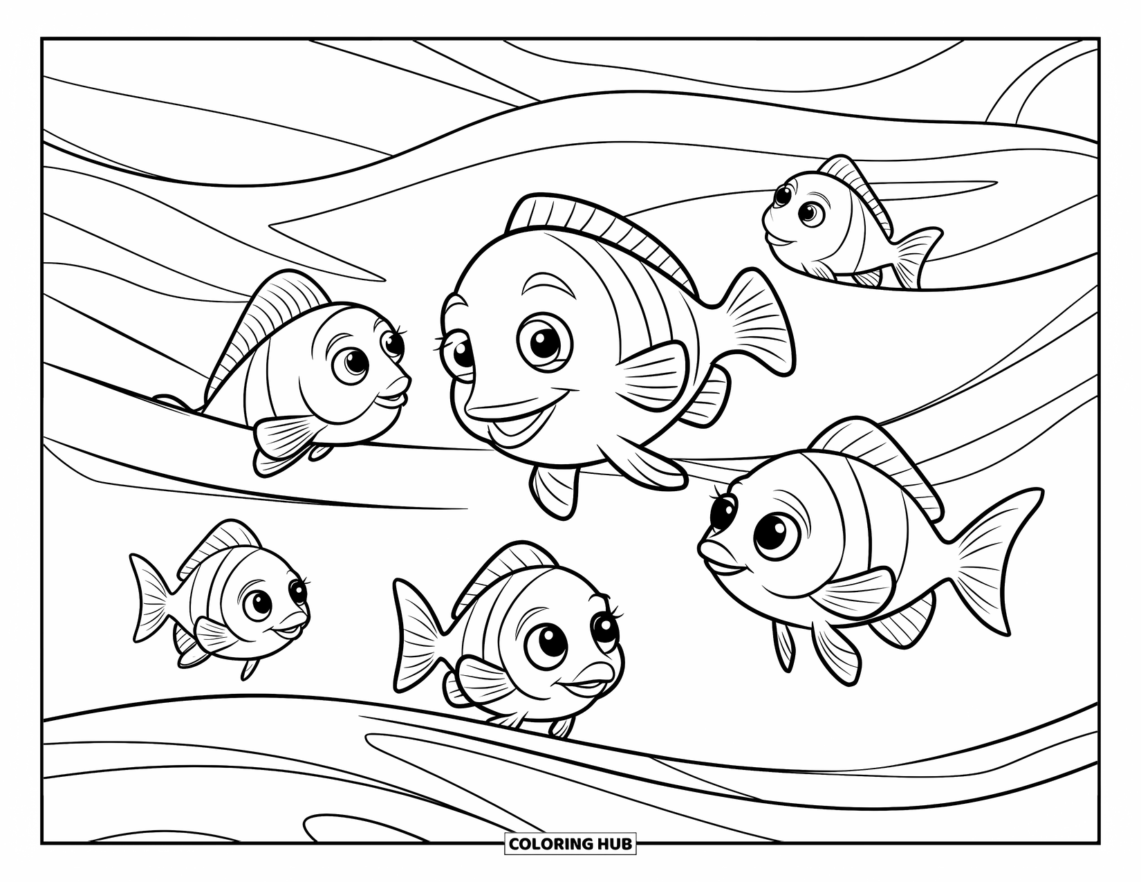 Fisch Ausmalbild für Kinder: Fünf fröhliche Fische spielen in den rollenden Meereswellen, umgeben von Blasen und Algen