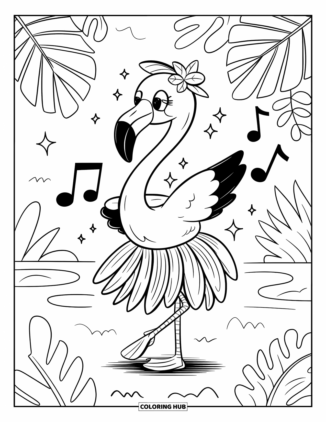 Desenho de flamingo para colorir para adultos: Um flamingo dança com uma saia de folha de palmeira, com brilhos e notas musicais ao redor
