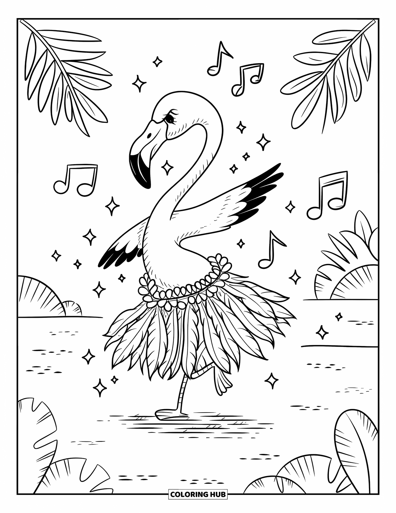 Desenho de flamingo para colorir para adultos: Um flamingo dança com uma saia de folha de palmeira, brilhos voando ao redor em uma cena tropical