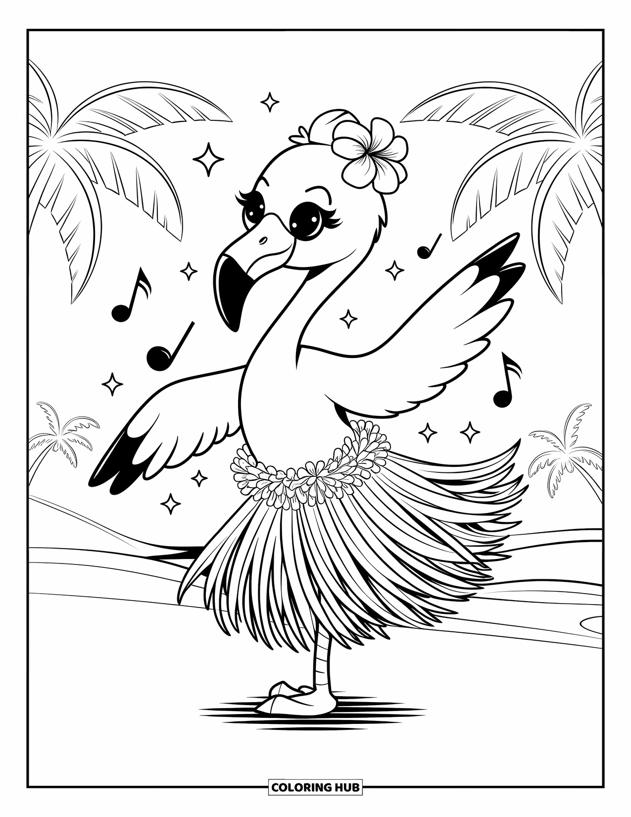 Desenho de flamingo para colorir para adultos: Um flamingo dança com uma saia de folha de palmeira, cercado por brilhos e plantas tropicais