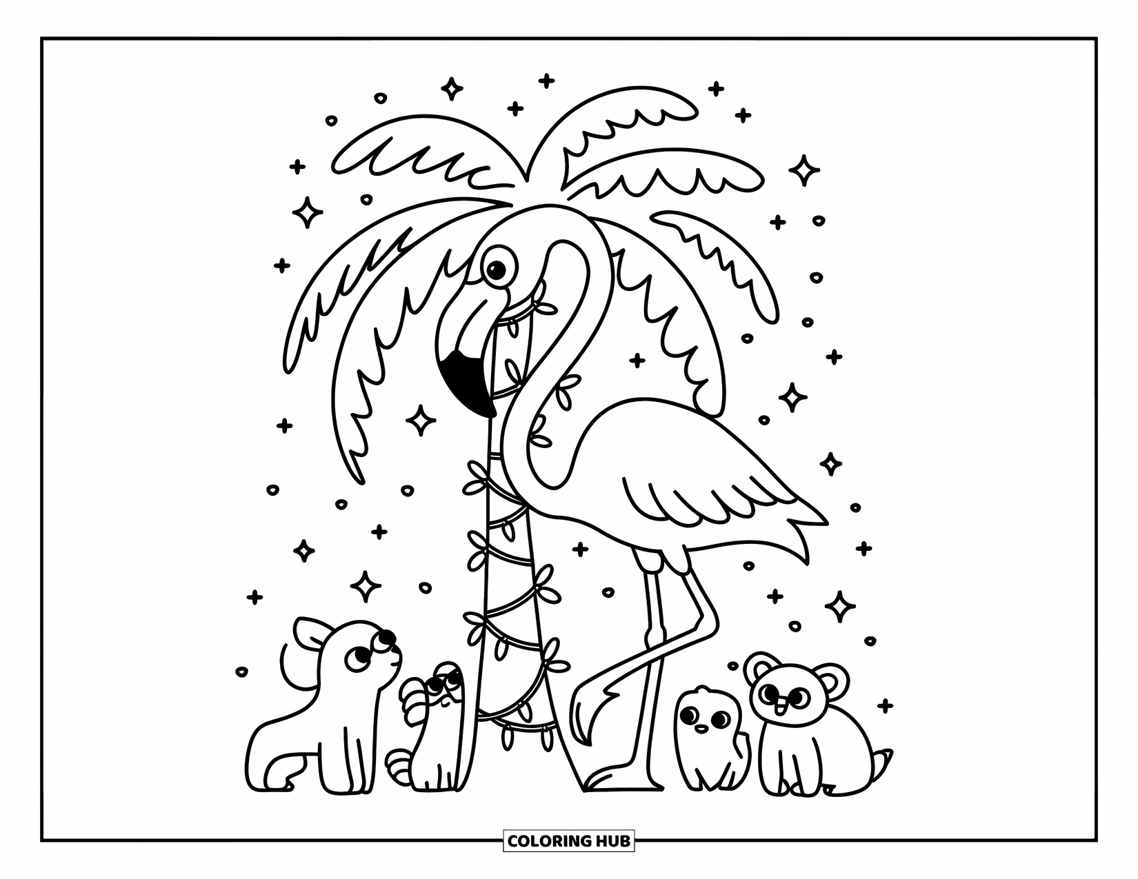 Desenho de flamingo para colorir para adultos: Um flamingo decora uma palmeira com luzes enquanto pequenos animais observam por perto