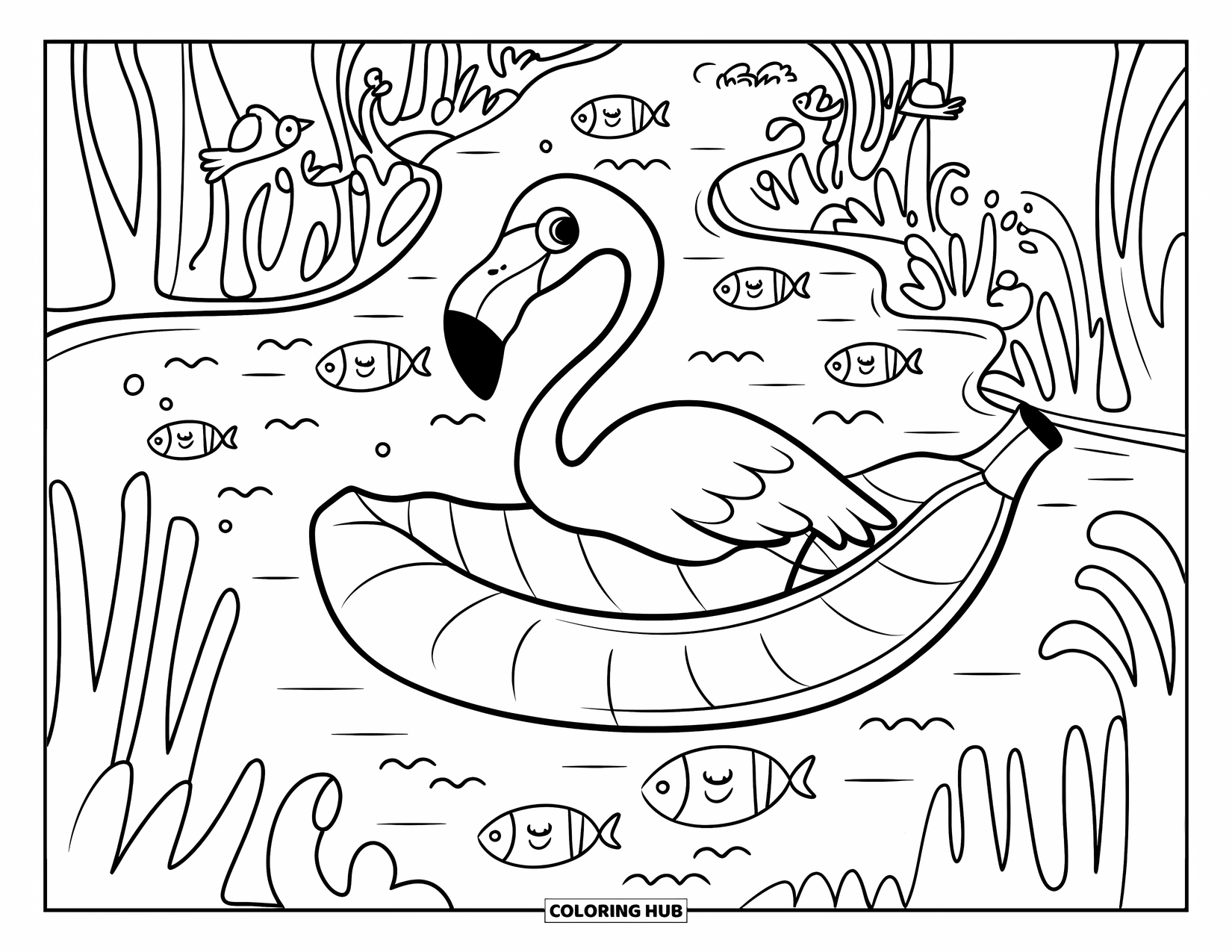 Desenho de flamingo para colorir para adultos: Um flamingo flutua rio abaixo em uma folha de bananeira, cercado por juncos e pássaros