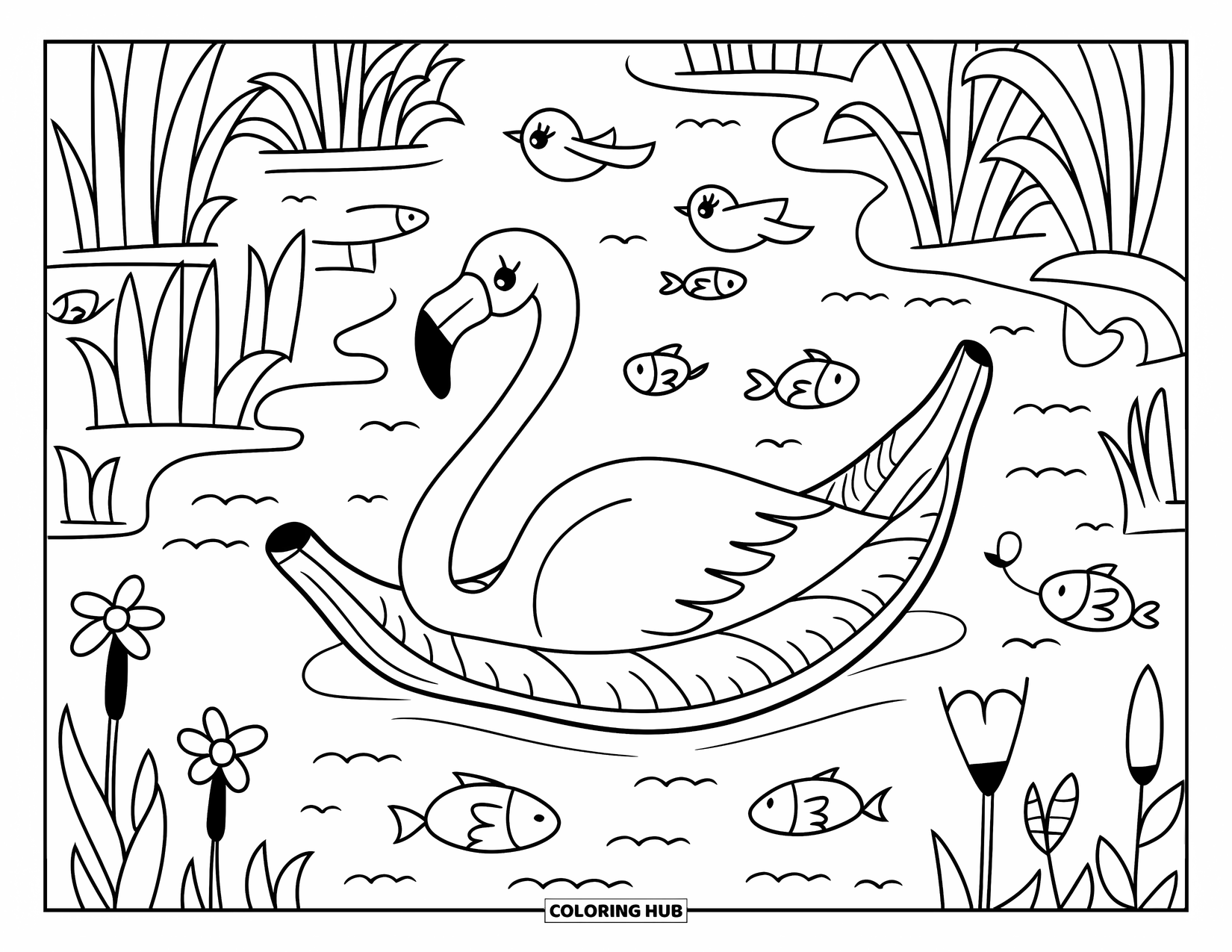 Desenho de flamingo para colorir para adultos: Um flamingo flutua rio abaixo em uma folha de bananeira com flores e pássaros cantando
