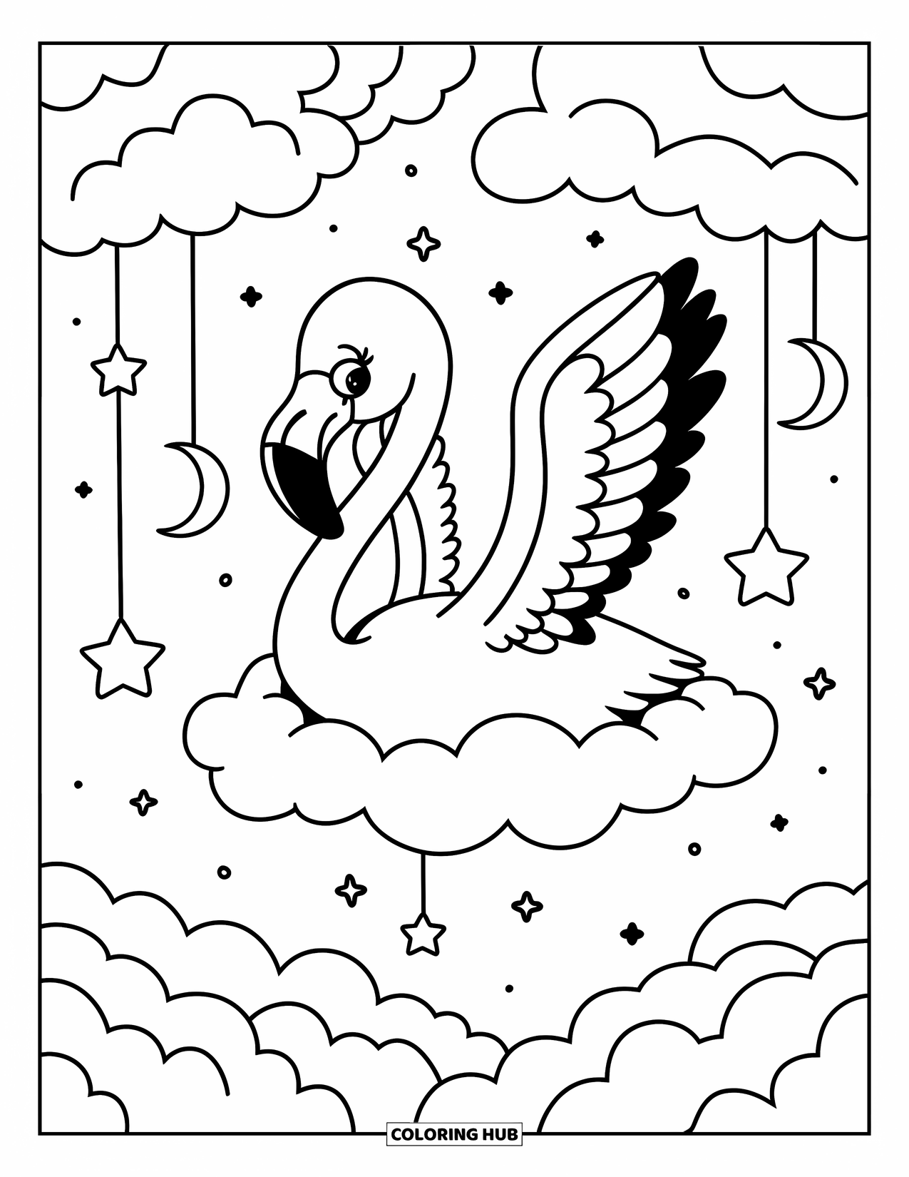 Desenho de flamingo para colorir para adultos: Um flamingo flutua em uma nuvem, com estrelas e luas em um céu noturno sonhador