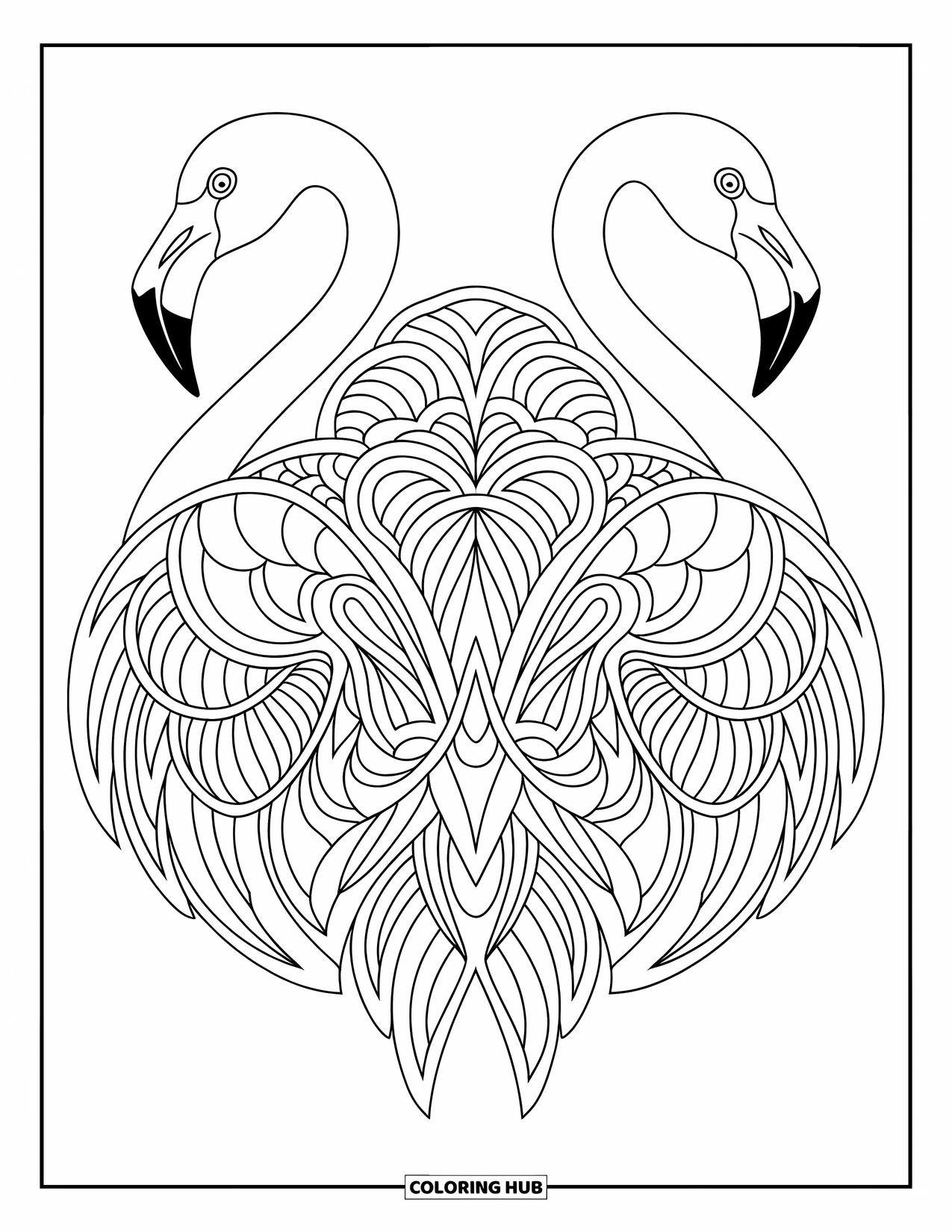 Desenho de flamingo para colorir para adultos: Um flamingo forma uma mandala simétrica com penas detalhadas