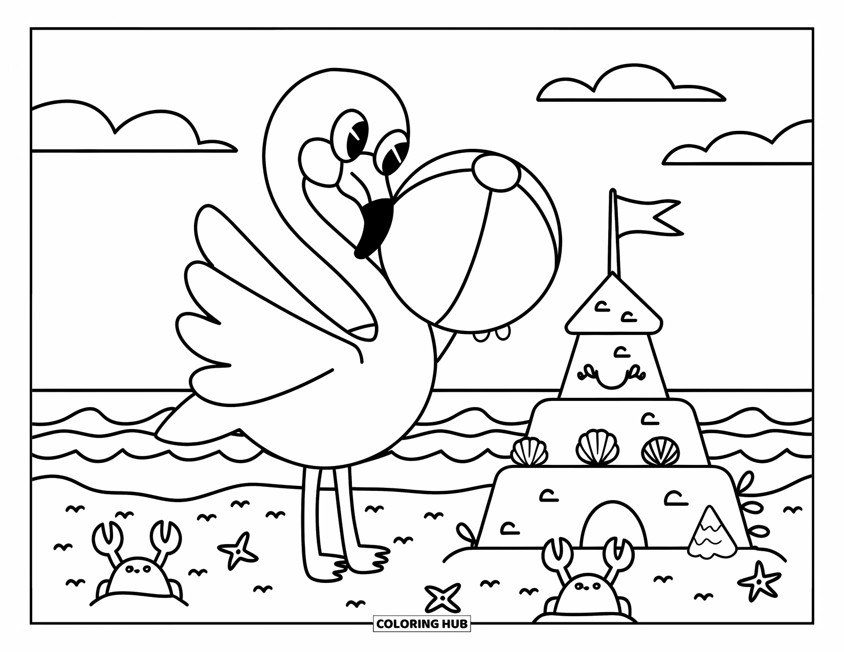 Desenho de flamingo para colorir para adultos: Um flamingo segura uma bola de praia ao lado de um castelo de areia com pequenos caranguejos e ondas suaves