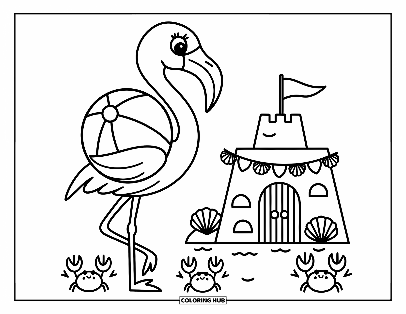 Desenho de flamingo para colorir para adultos: Um flamingo segura uma bola de praia ao lado de um castelo de areia, com caranguejos acenando da areia