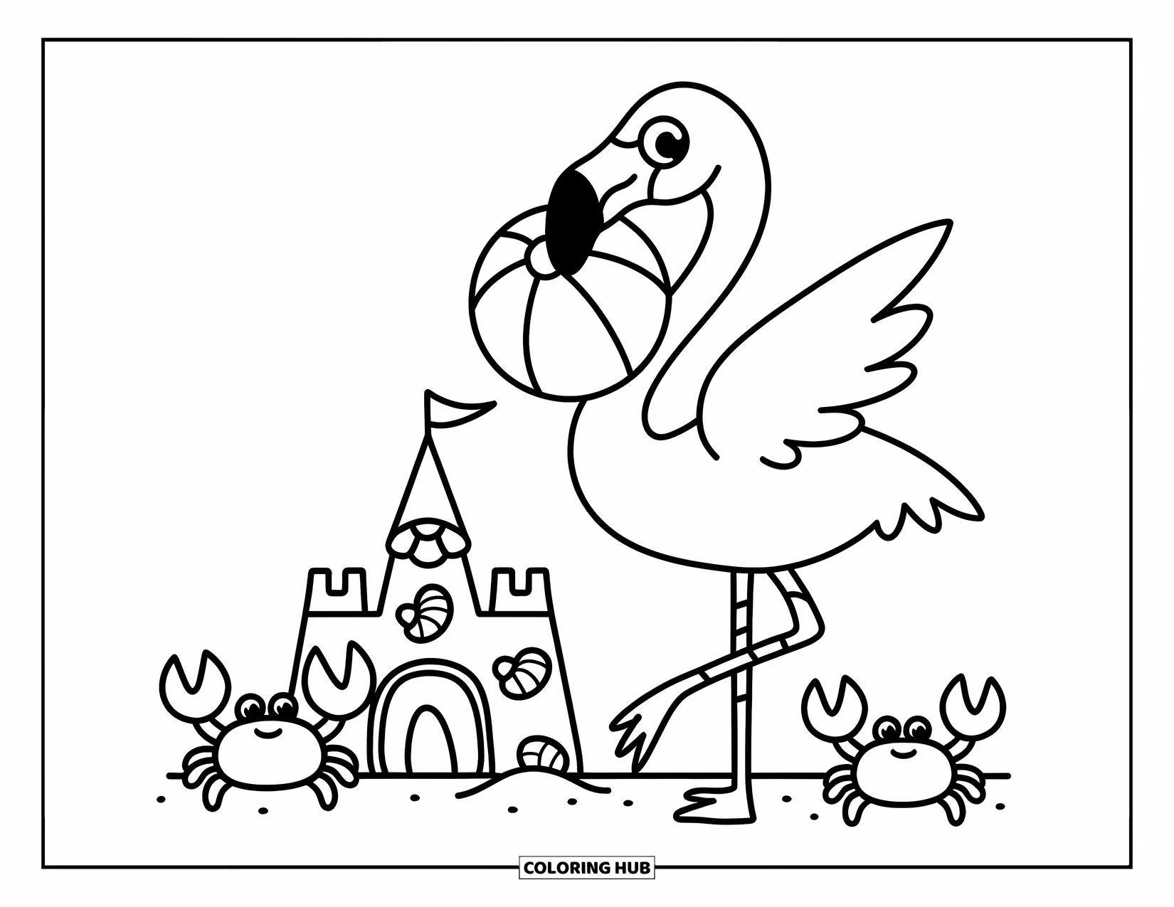 Desenho de flamingo para colorir para adultos: Um flamingo segura uma bola de praia ao lado de um castelo de areia com pequenos caranguejos acenando por perto