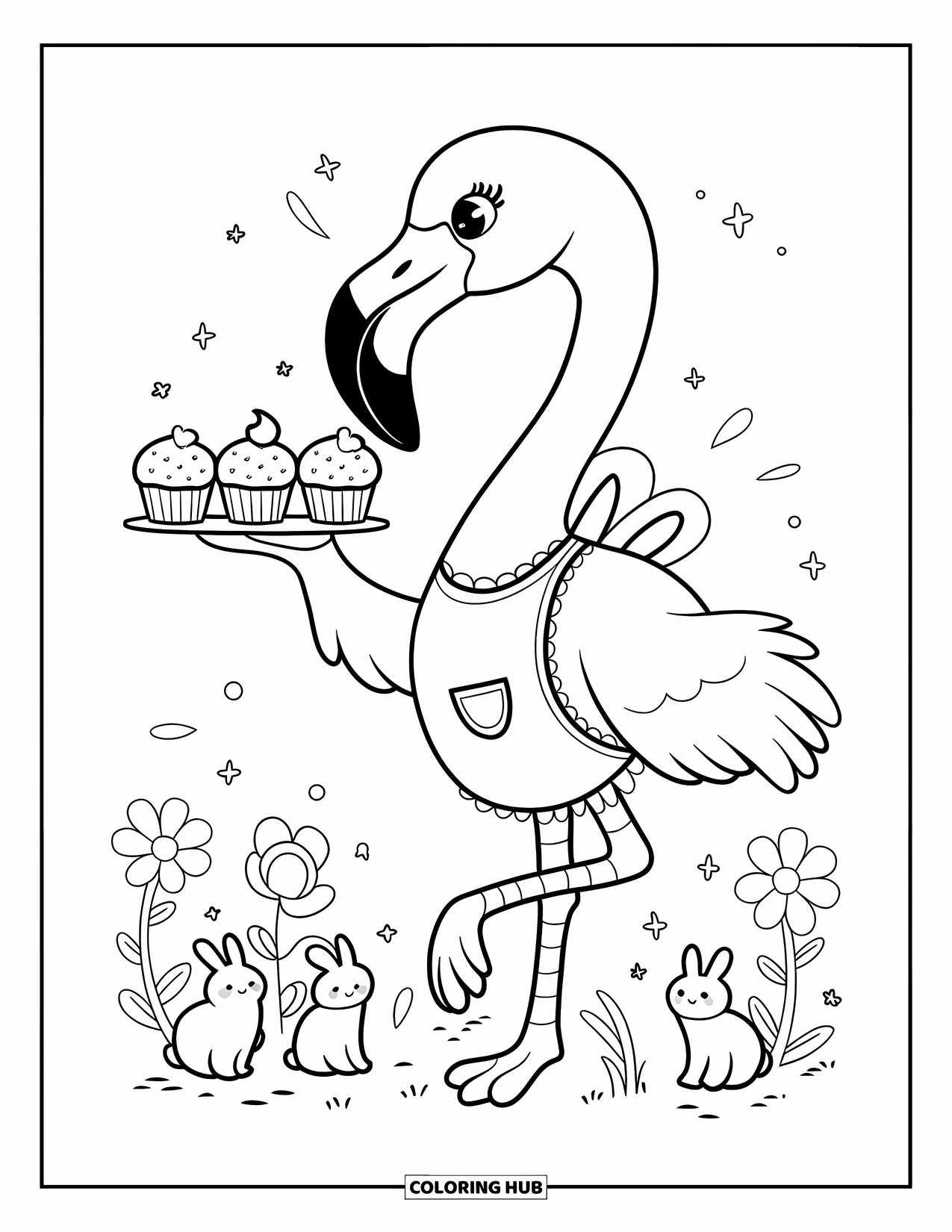 Desenho de flamingo para colorir para adultos: Um flamingo segura uma bandeja de cupcakes, cercado por flores, coelhinhos e brilhos
