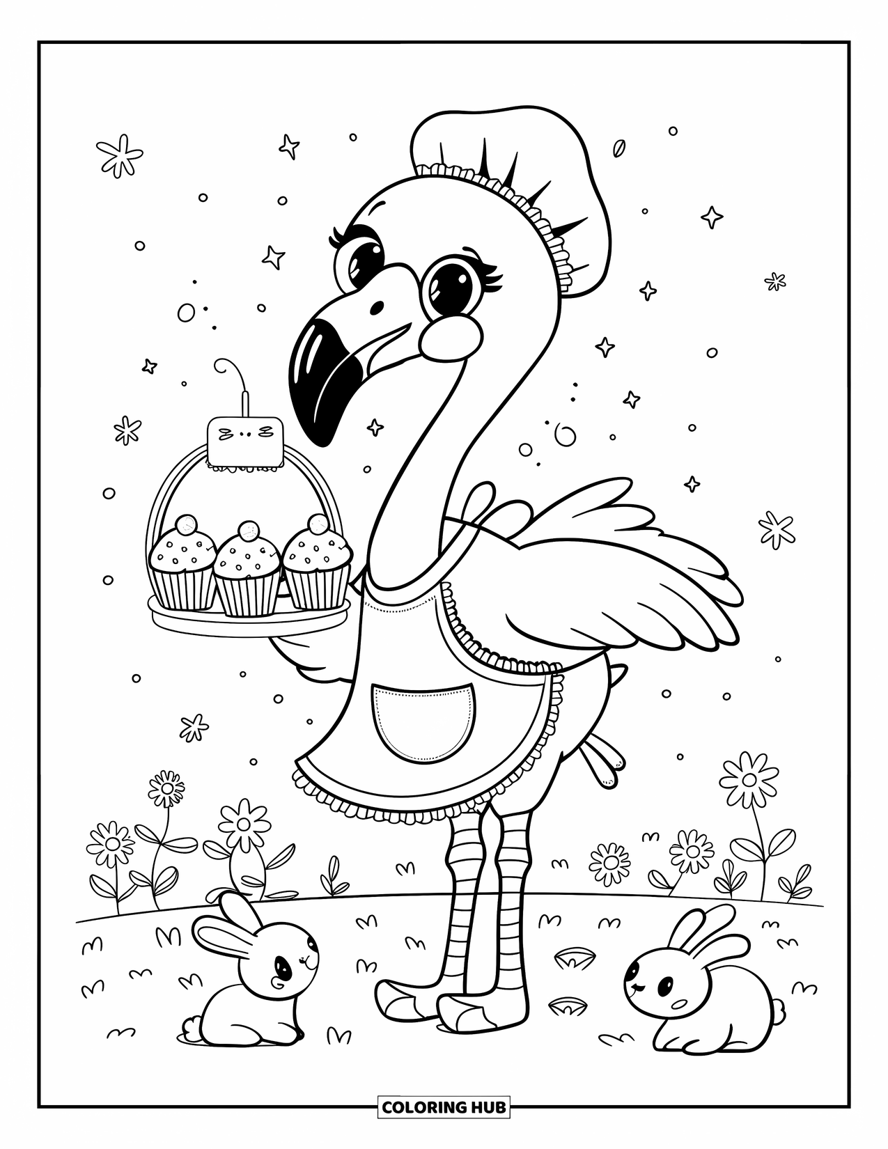 Desenho de flamingo para colorir para adultos: Um flamingo com um avental fofo segura uma pequena bandeja de cupcake em um jardim com coelhinhos