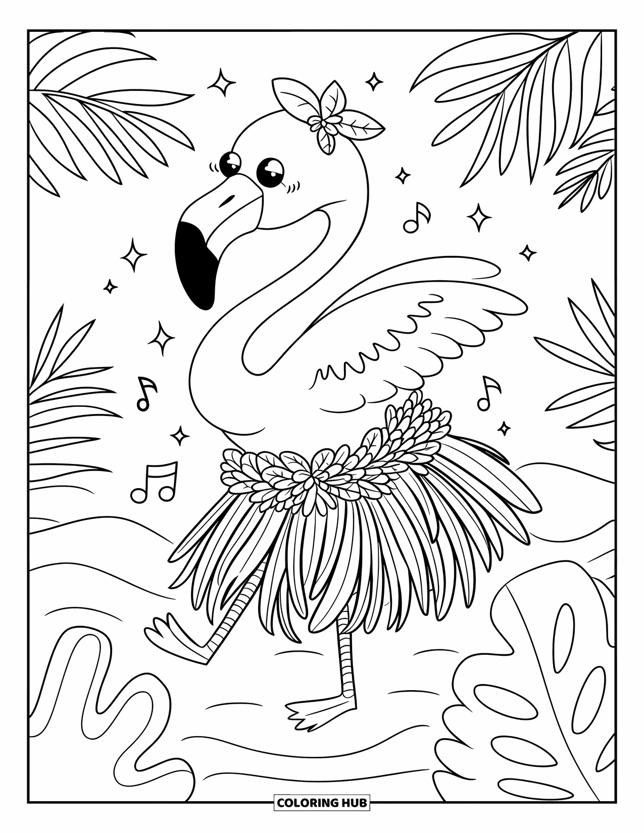 Desenho de flamingo para colorir para adultos: Um flamingo com uma saia de folha de palmeira dança, cercado por brilhos e ondas tropicais