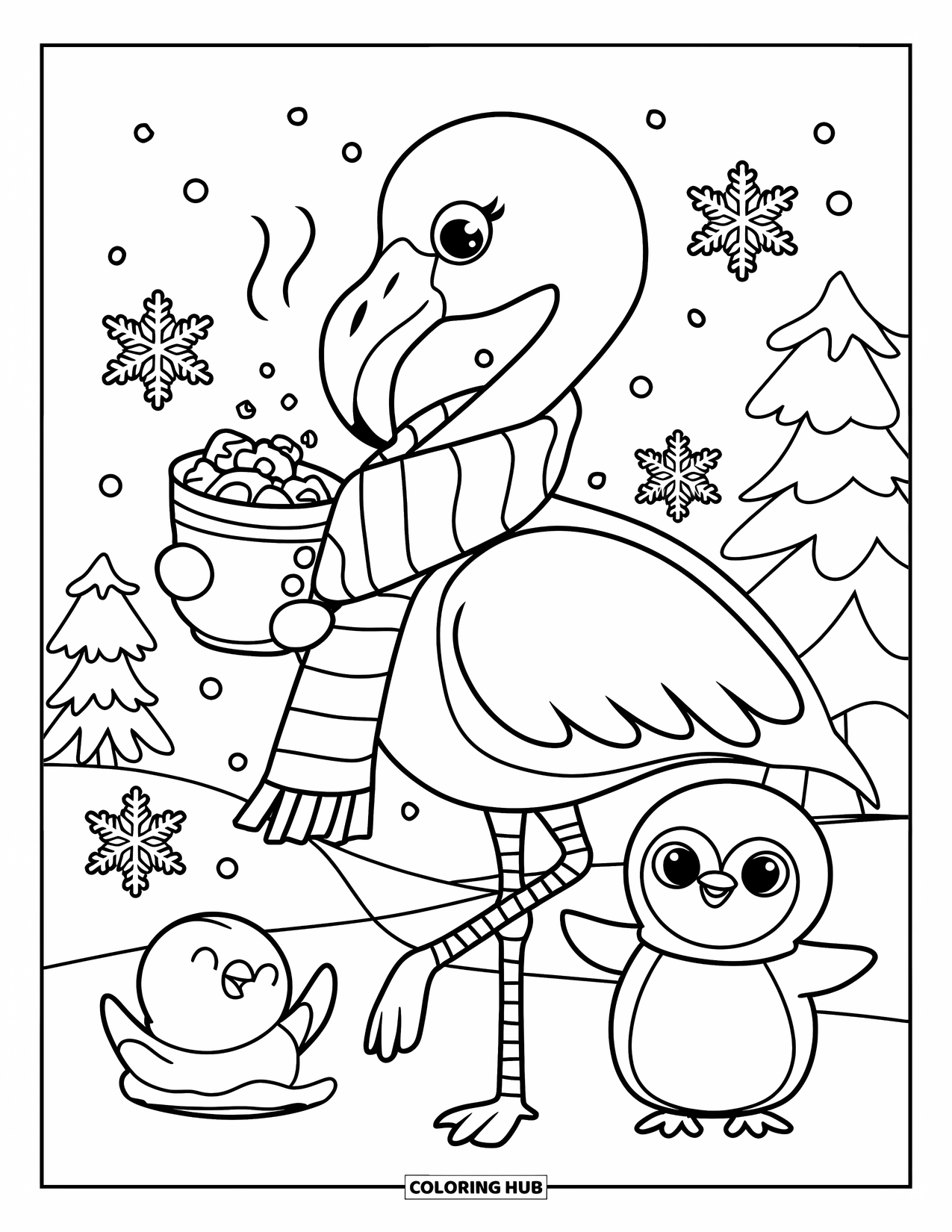 Desenho de flamingo para colorir para adultos: Um flamingo com um cachecol equilibra uma xícara de chocolate quente em uma paisagem de inverno nevada