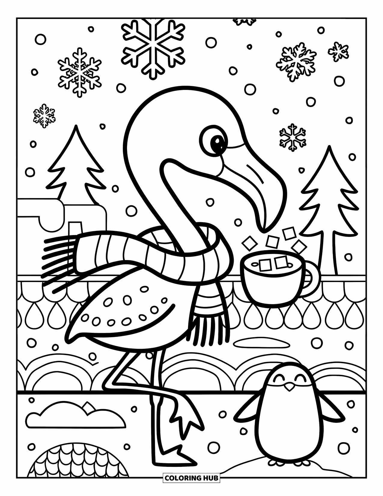 Desenho de flamingo para colorir para adultos: Um flamingo com um cachecol segura chocolate quente enquanto flocos de neve caem em uma cena de inverno
