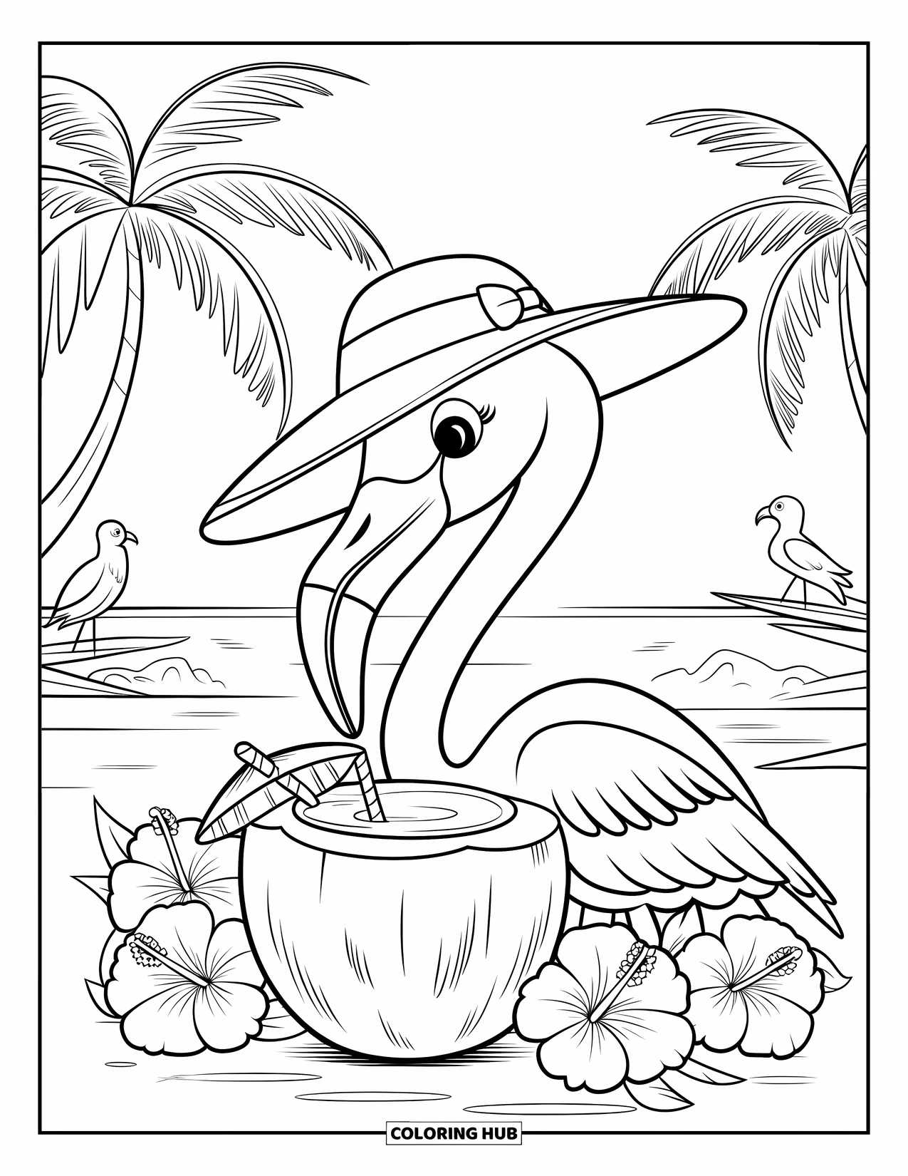 Desenho de flamingo para colorir para adultos: Um flamingo com um chapéu de sol bebe água de coco, cercado por pássaros e flores tropicais