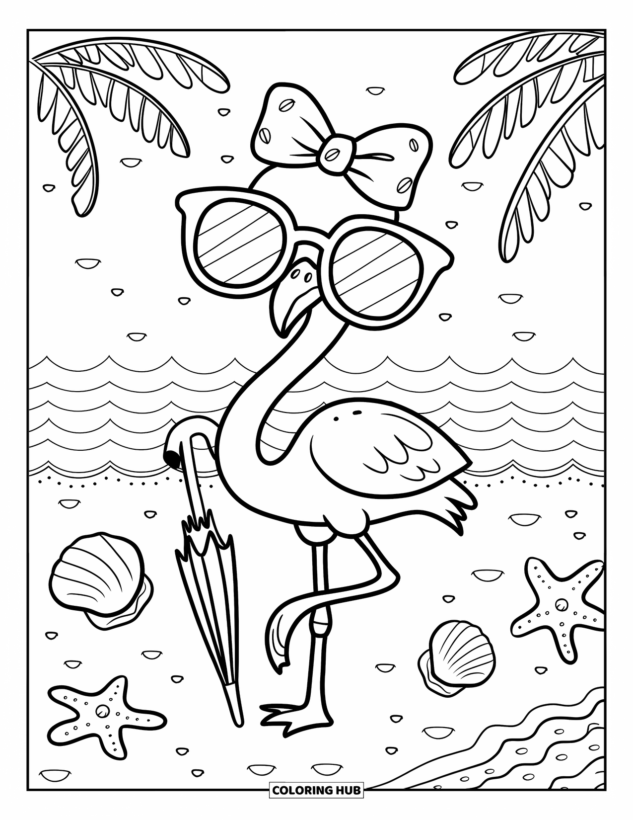 Desenho de flamingo para colorir para adultos: Um flamingo com óculos de sol grandes e um laço está em uma perna com um guarda-chuva