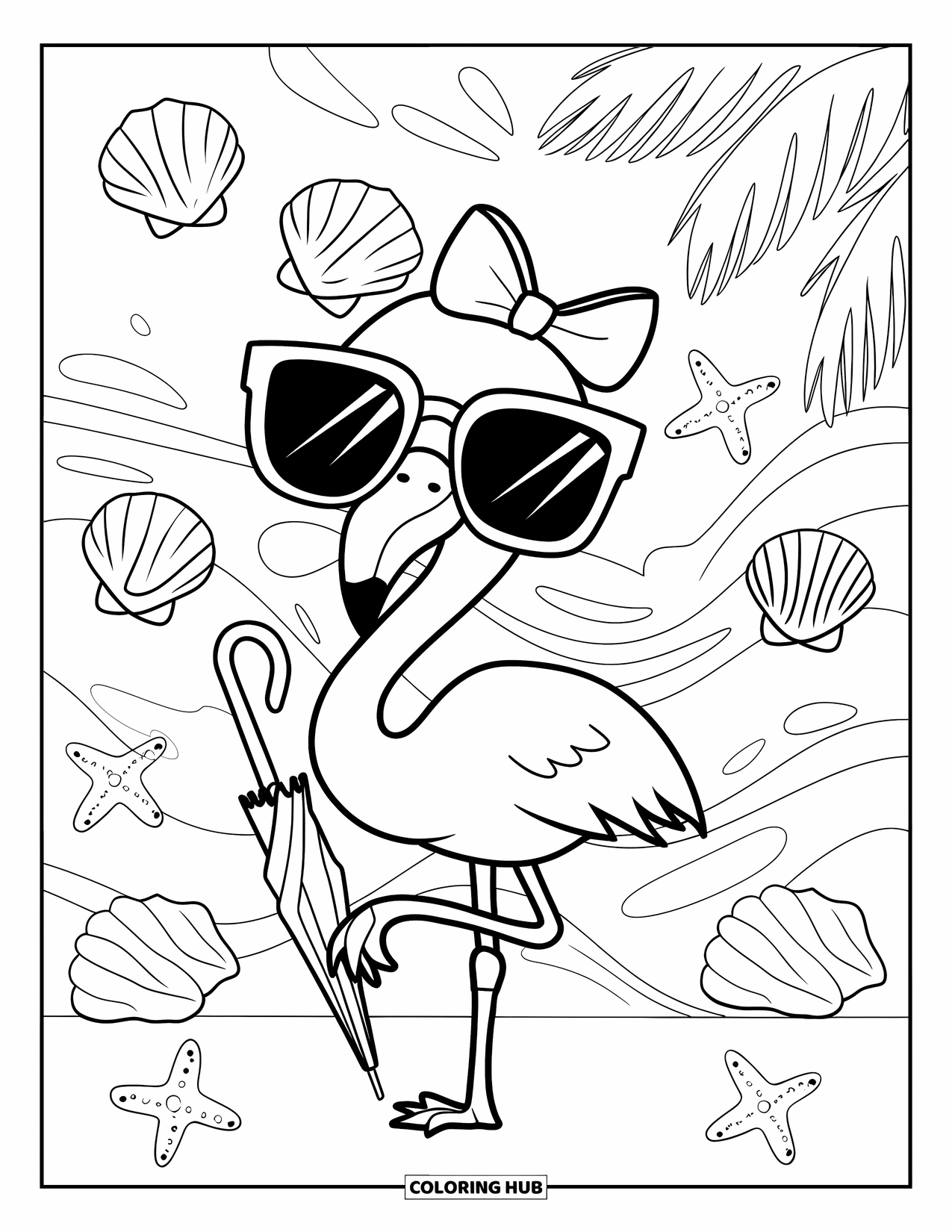 Desenho de flamingo para colorir para adultos: Um flamingo com óculos de sol grandes está em uma perna, segurando um guarda-chuva à beira-mar