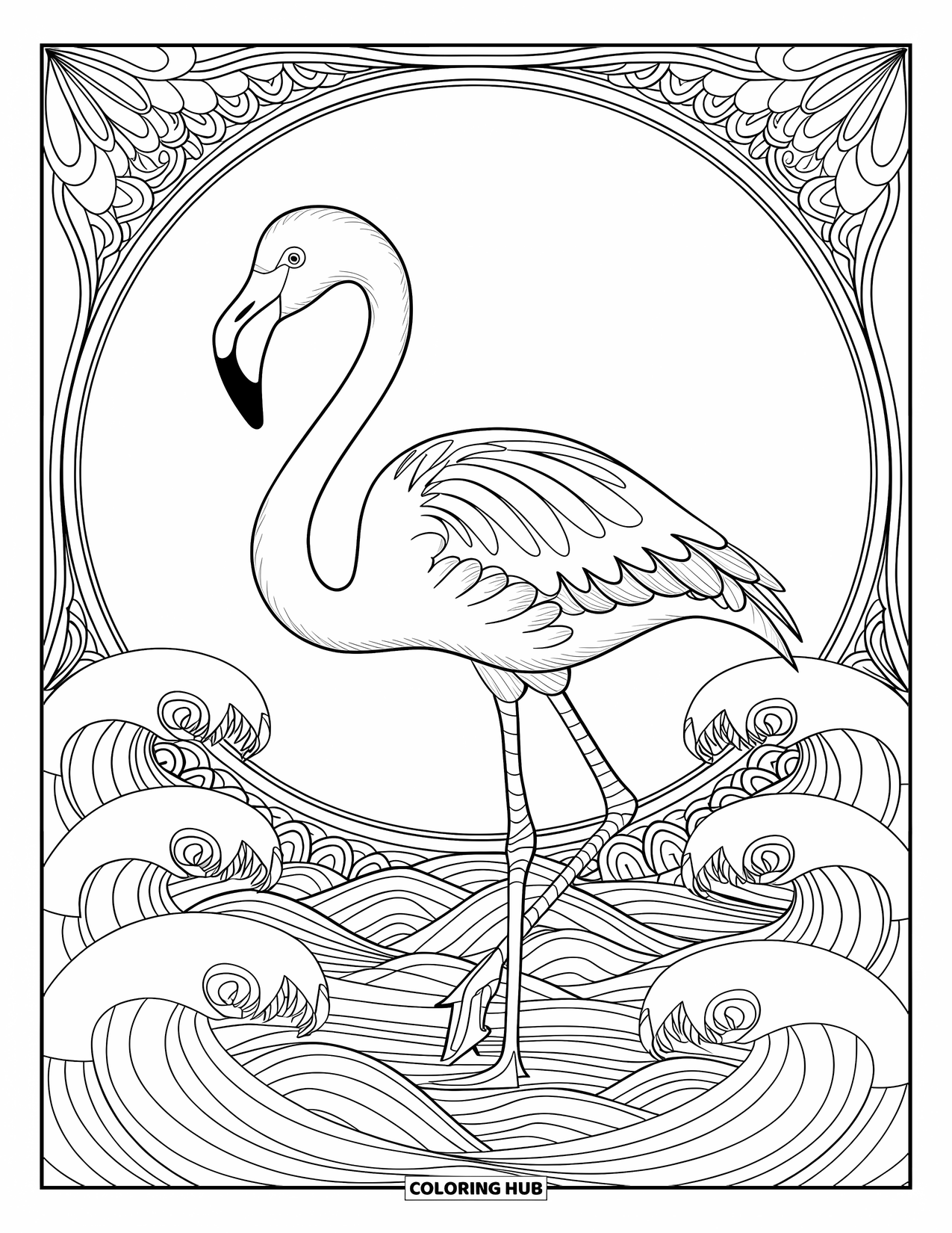 Desenho de flamingo para colorir para adultos: Um flamingo é emoldurado por ondas rodopiantes e padrões decorativos
