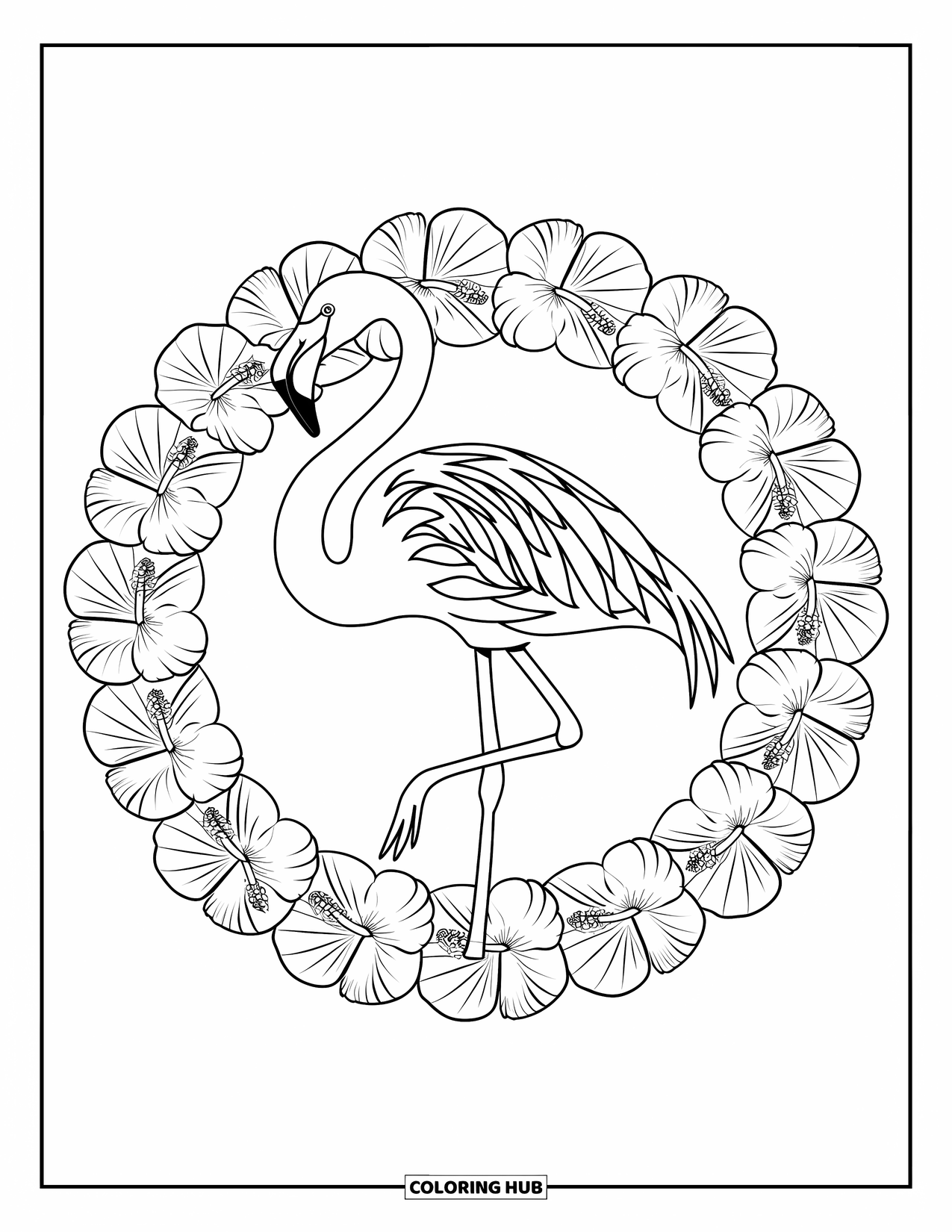 Desenho de flamingo para colorir para adultos: Um flamingo está cercado por flores de hibisco em uma moldura circular