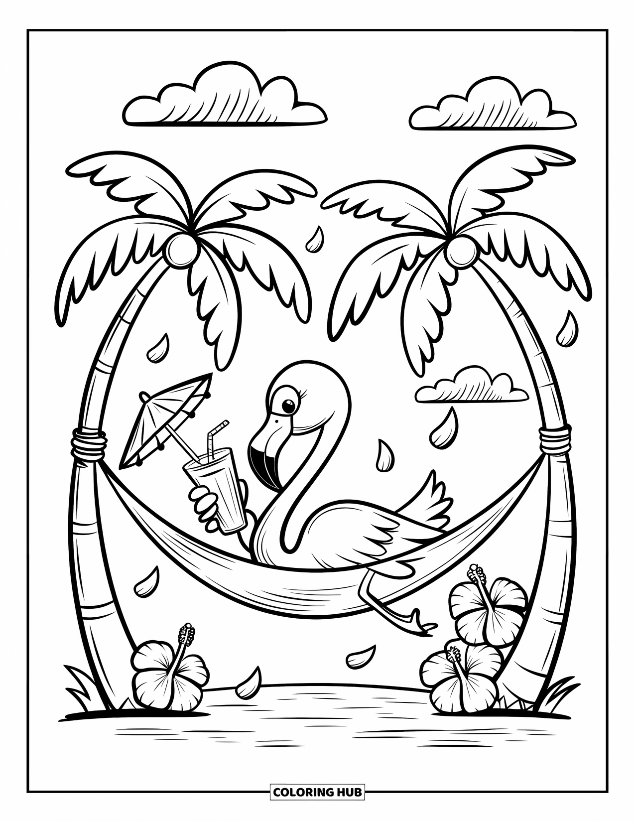 Desenho de flamingo para colorir para adultos: Um flamingo relaxa em uma rede, bebendo um smoothie, cercado por pétalas caindo