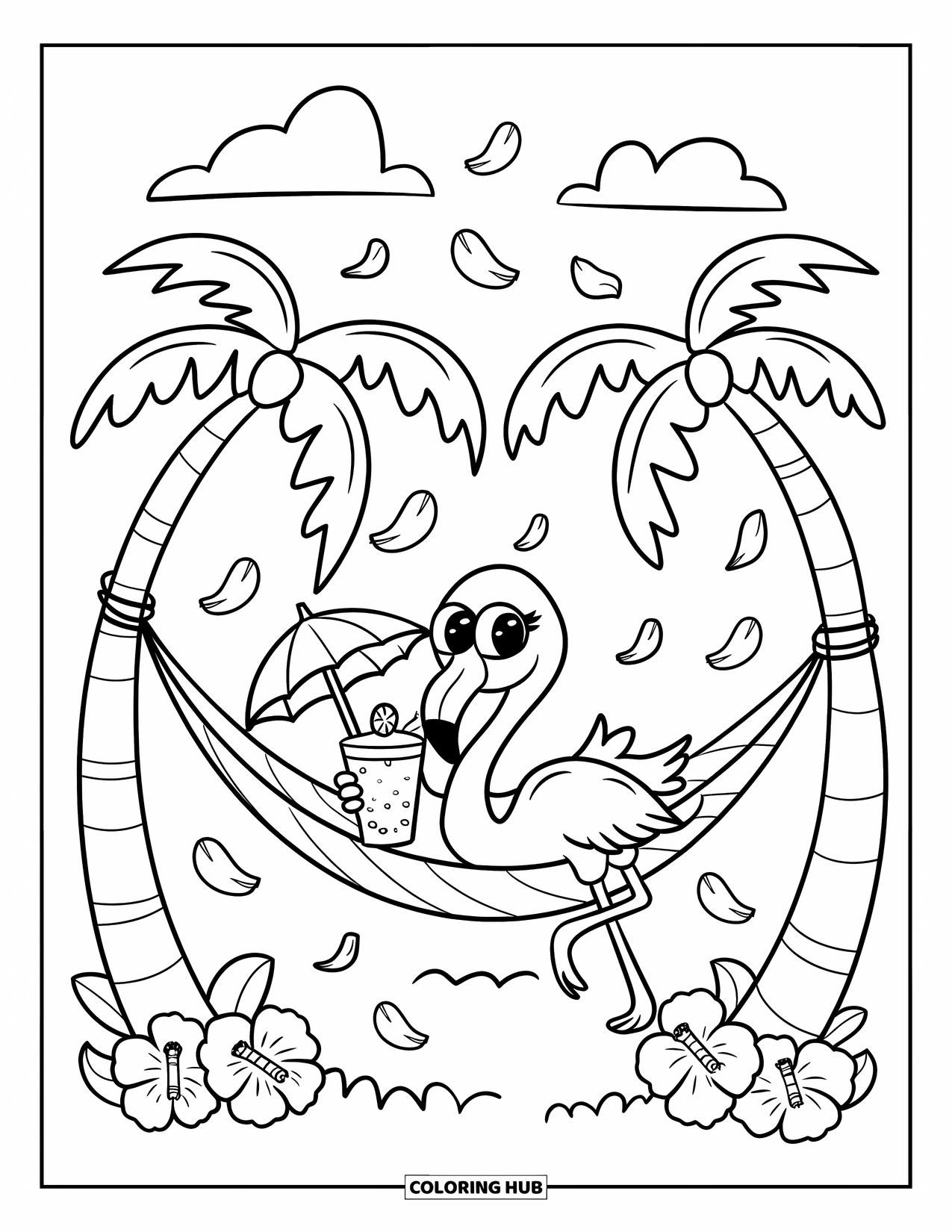 Desenho de flamingo para colorir para adultos: Um flamingo relaxa em uma rede, bebendo um smoothie, com nuvens suaves passando
