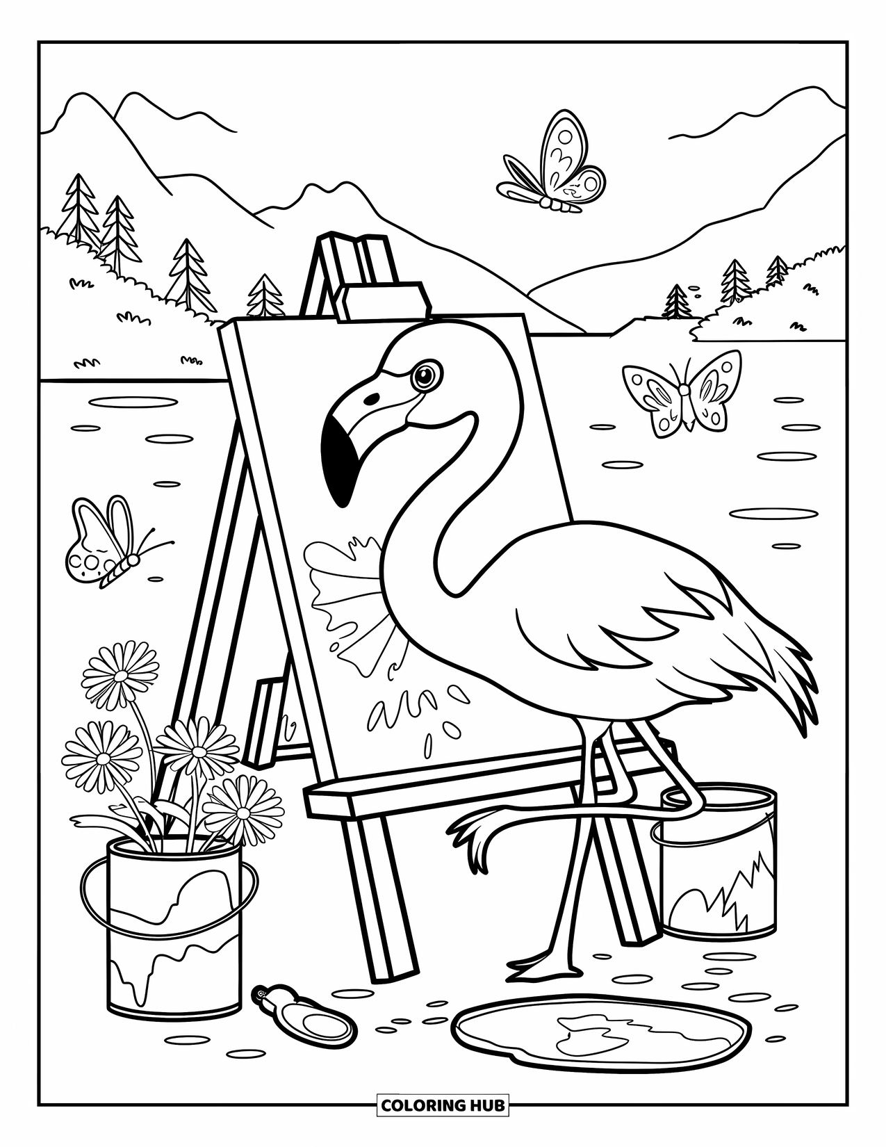 Desenho de flamingo para colorir para adultos: Um flamingo pinta em uma pequena tela enquanto borboletas voam em um ambiente sereno
