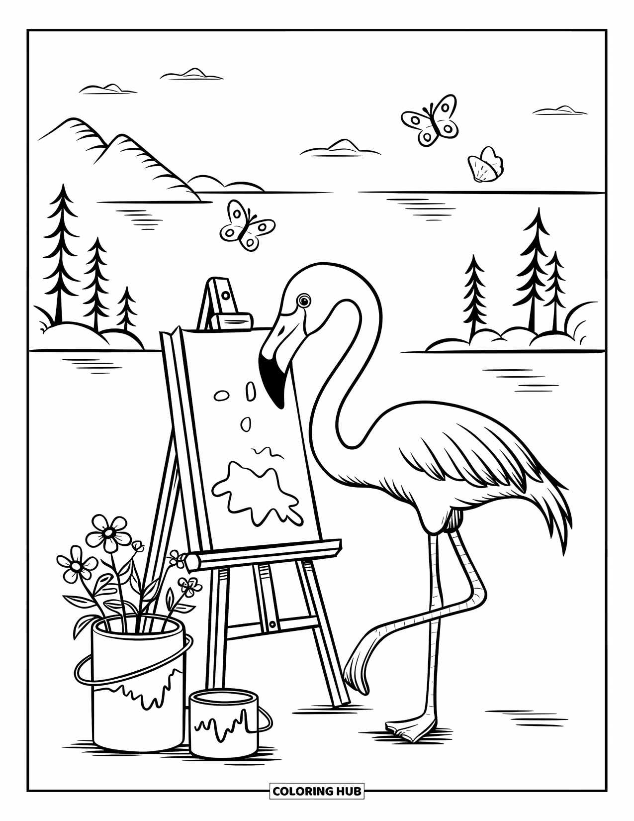Desenho de flamingo para colorir para adultos: Um flamingo pinta em um cavalete, cercado por flores, latas de tinta e borboletas