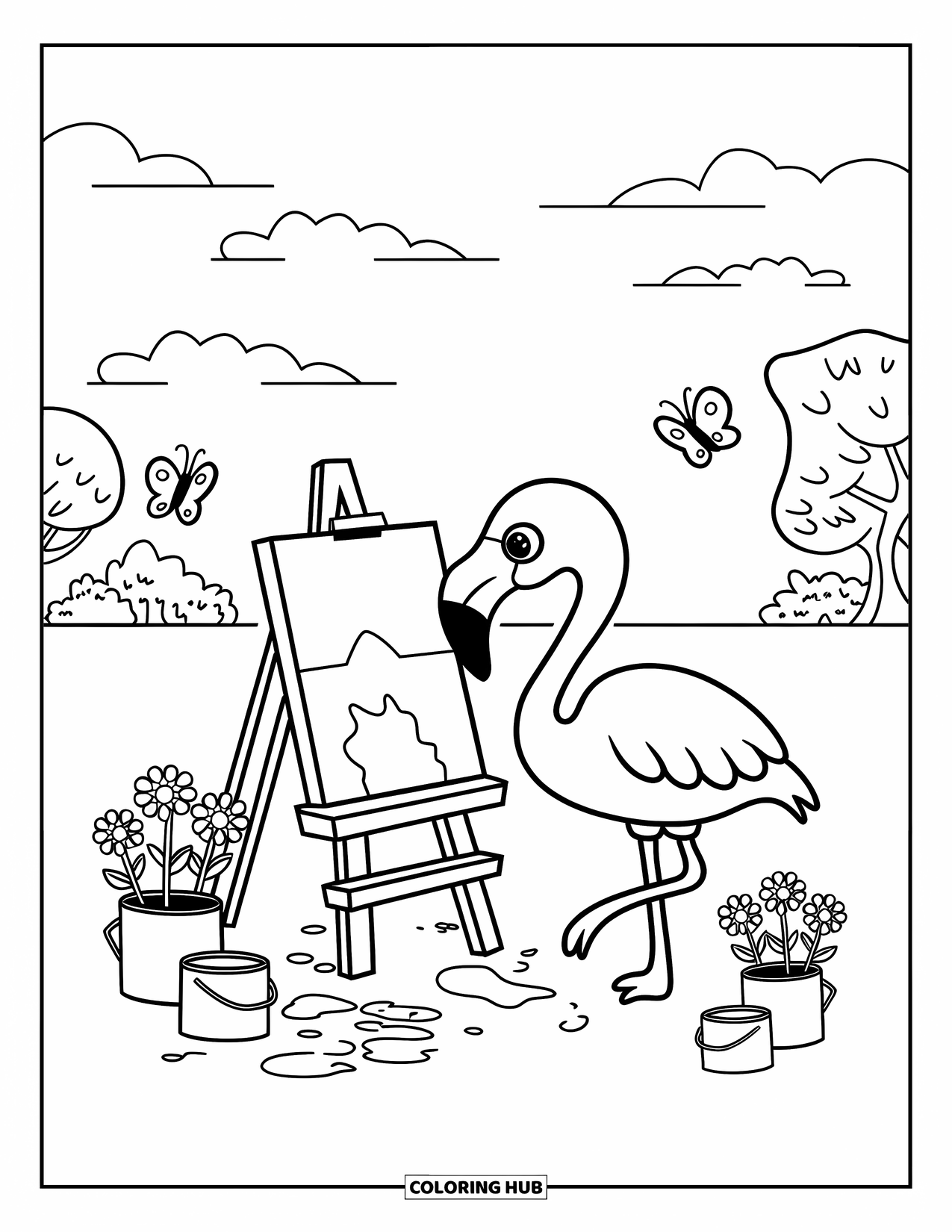 Desenho de flamingo para colorir para adultos: Um flamingo pinta em um cavalete, com borboletas voando e uma paisagem tranquila