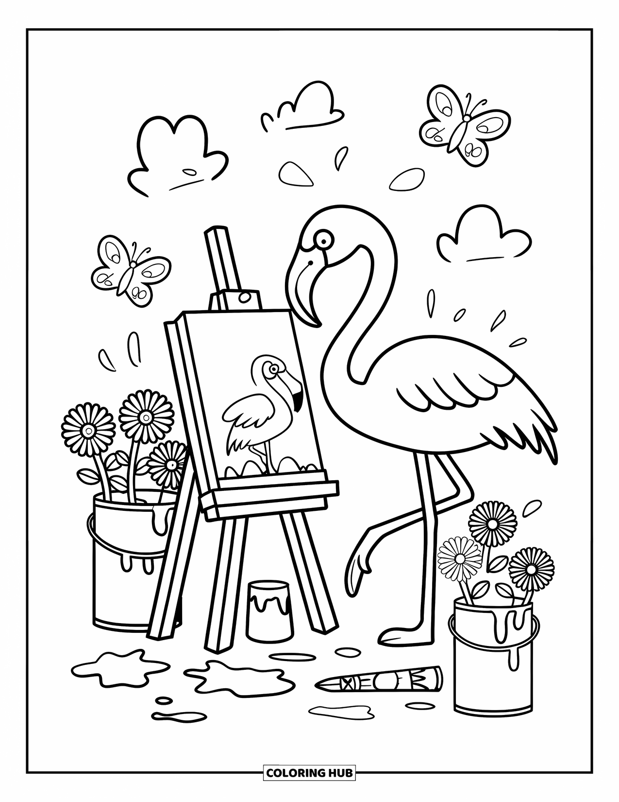 Desenho de flamingo para colorir para adultos: Um flamingo pinta em um cavalete, com respingos de tinta e flores por perto