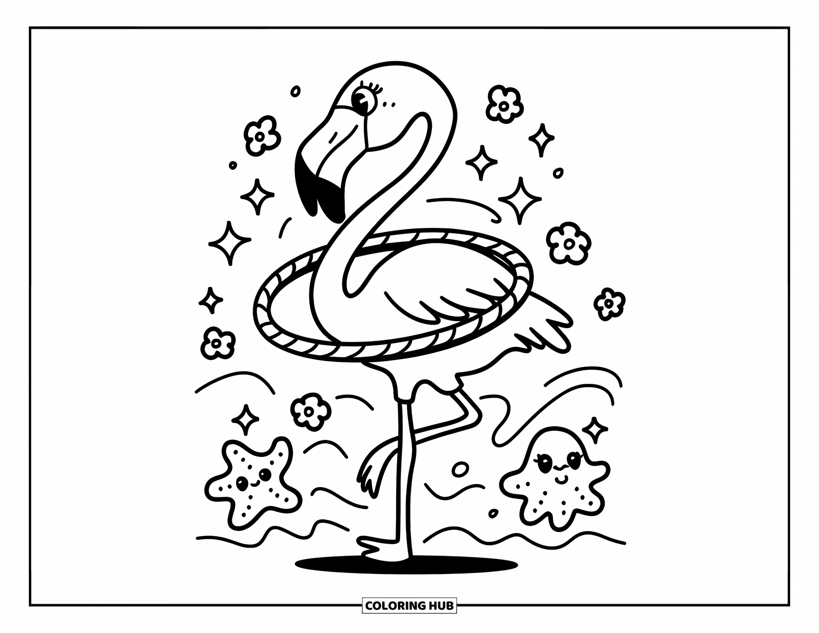 Desenho de flamingo para colorir para adultos: Um flamingo brinca com um bambolê, cercado por brilhos, flores e estrelas do mar