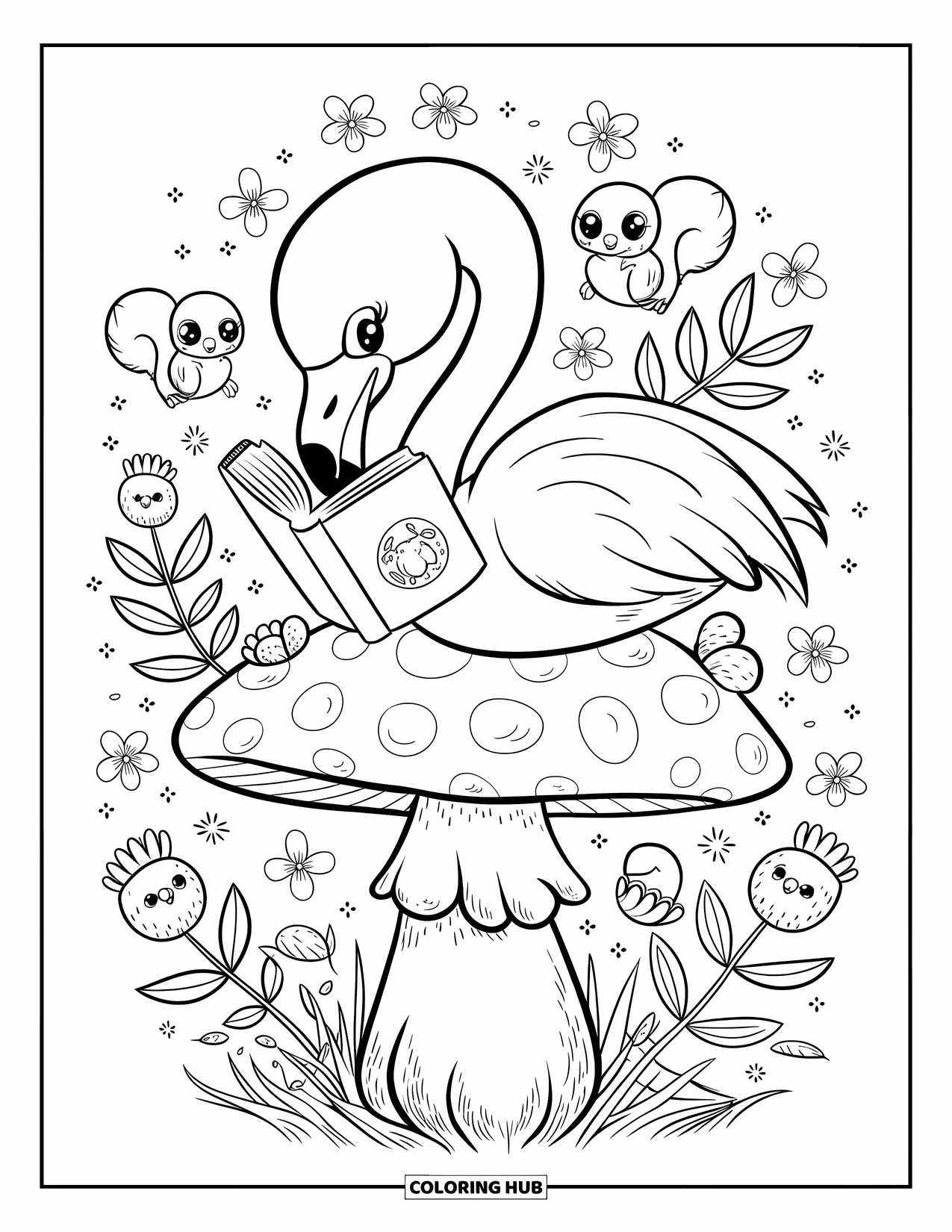 Desenho de flamingo para colorir para adultos: Um flamingo lê em um cogumelo gigante com animais curiosos e flores ao redor