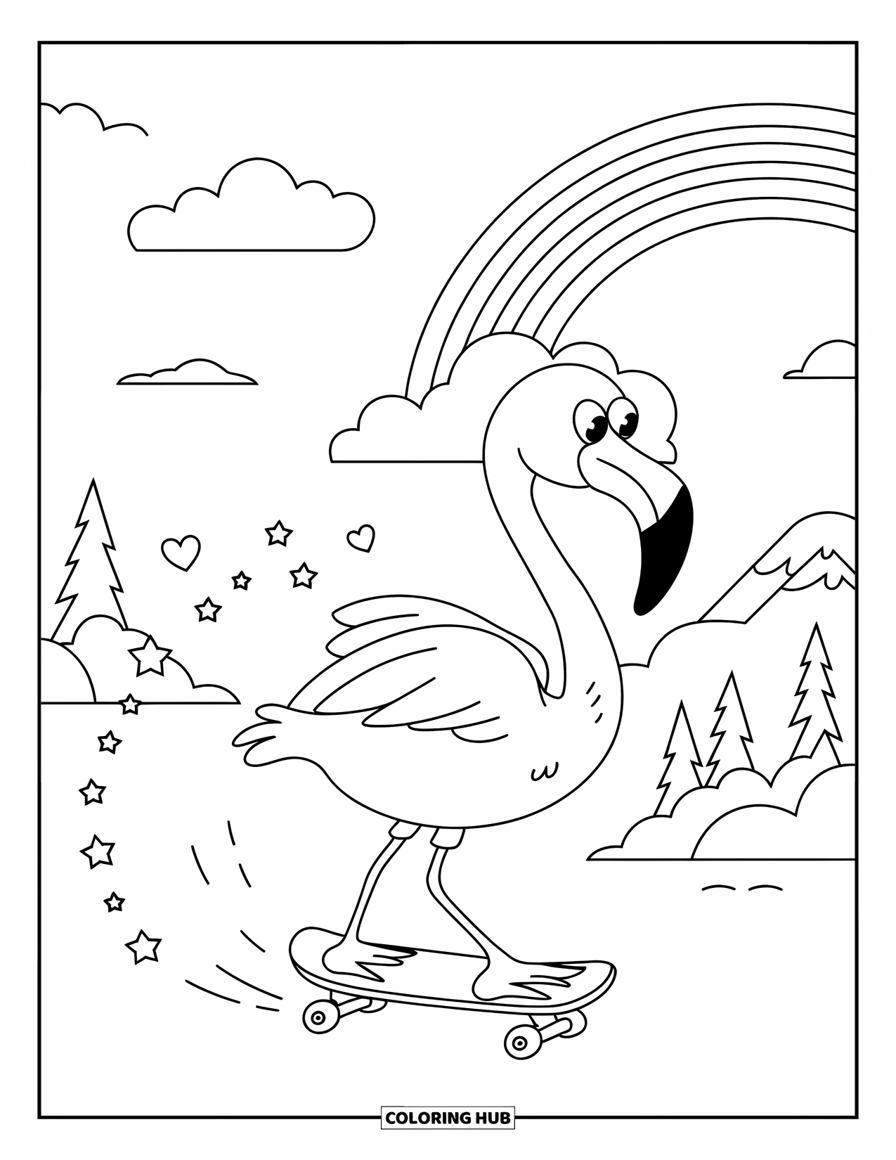 Desenho de flamingo para colorir para adultos: Um flamingo anda de skate, deixando um rastro de estrelas e corações com um arco-íris