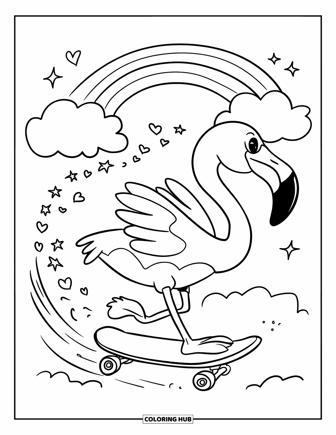Desenho de flamingo para colorir para adultos: Um flamingo anda de skate, deixando um rastro de estrelas com um arco-íris acima