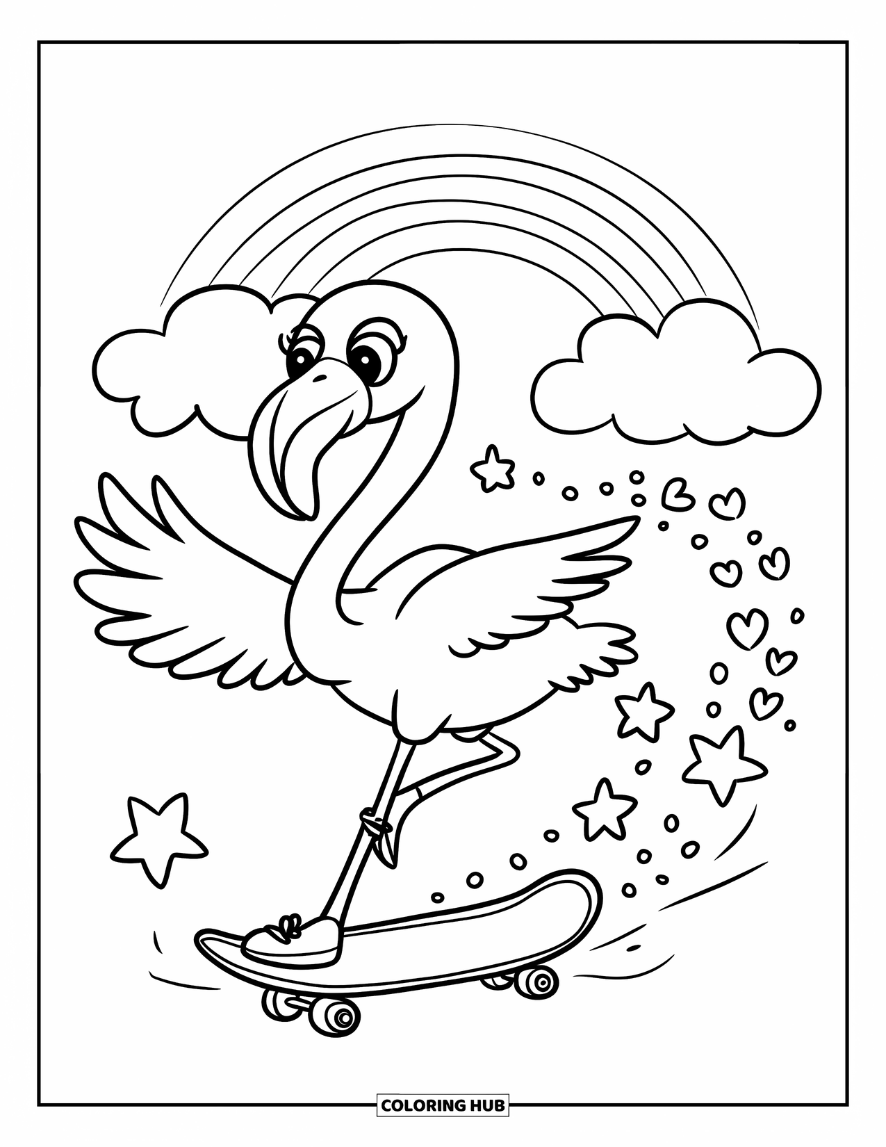 Desenho de flamingo para colorir para adultos: Um flamingo anda de skate, deixando estrelas e corações para trás com nuvens e um arco-íris