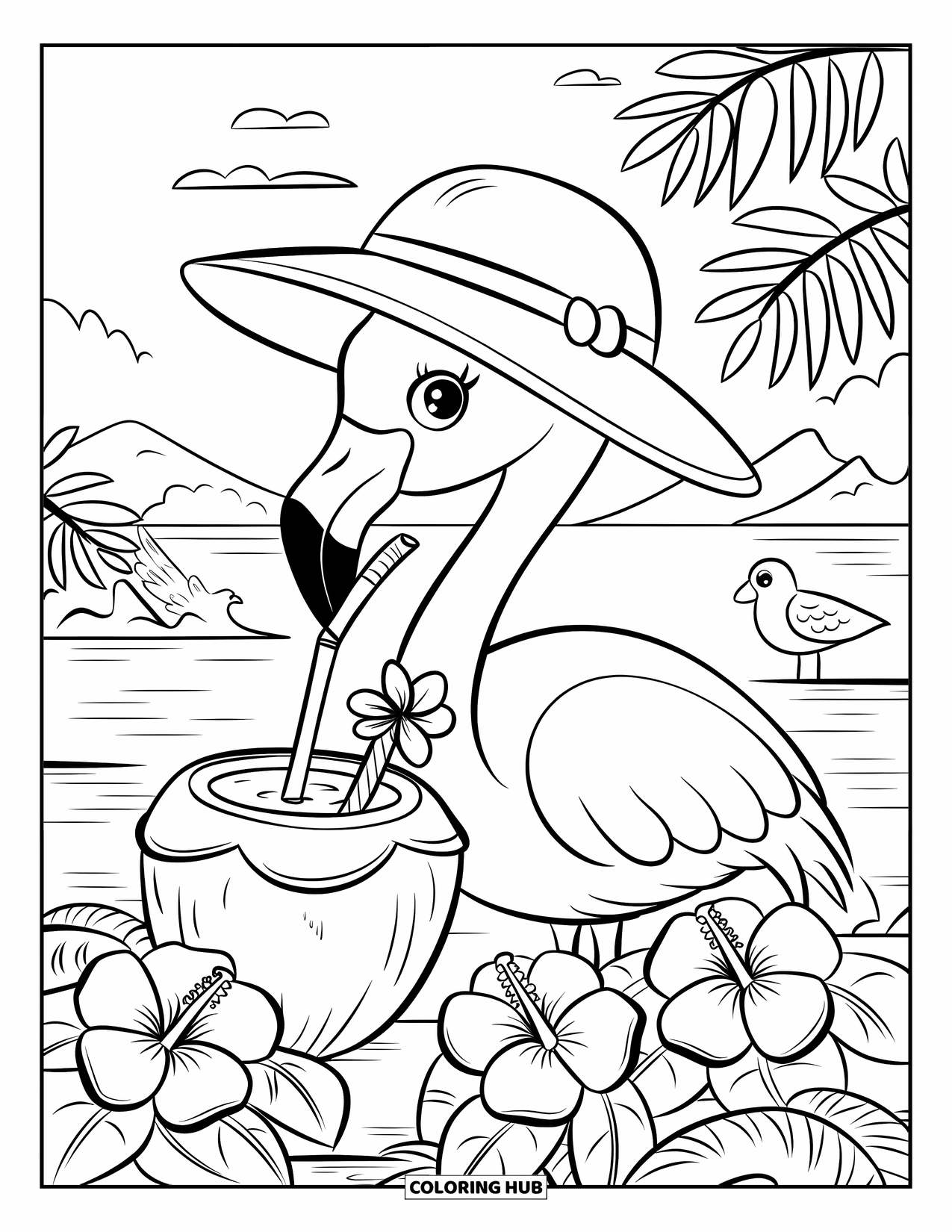Desenho de flamingo para colorir para adultos: Um flamingo bebe bebida de coco, cercado por flores tropicais, pássaros e palmeiras