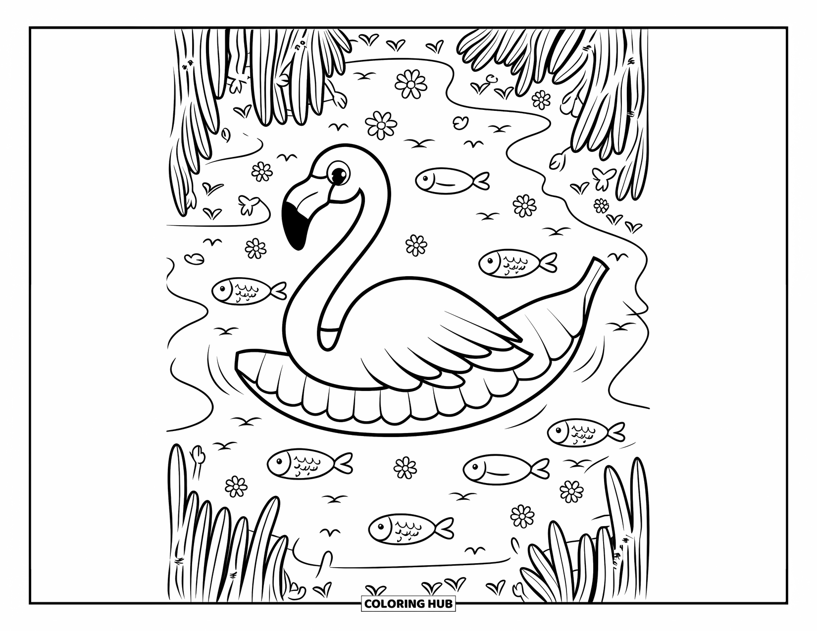 Desenho de flamingo para colorir para adultos: Um flamingo senta em uma folha de bananeira, flutuando rio abaixo com flores e peixes por perto