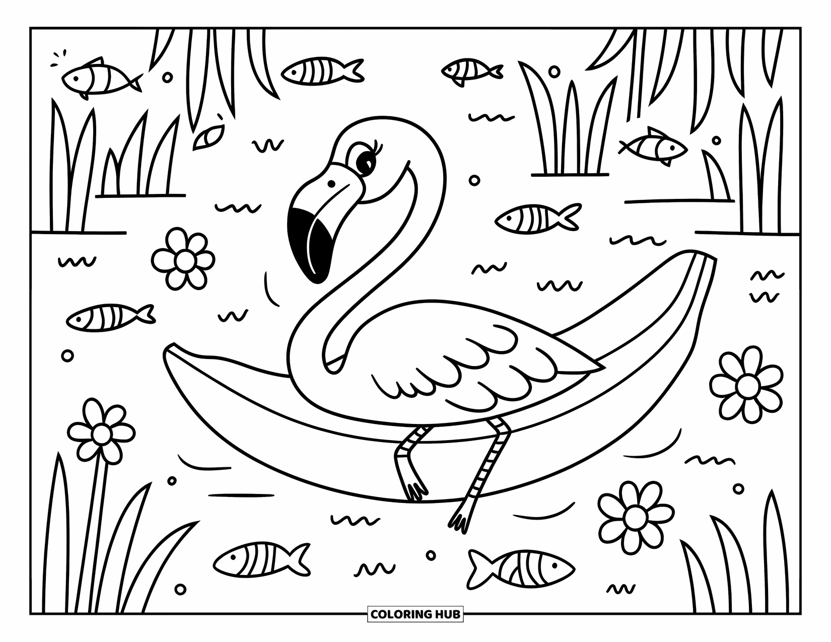 Desenho de flamingo para colorir para adultos: Um flamingo senta em uma folha de bananeira gigante, flutuando rio abaixo com flores e peixes