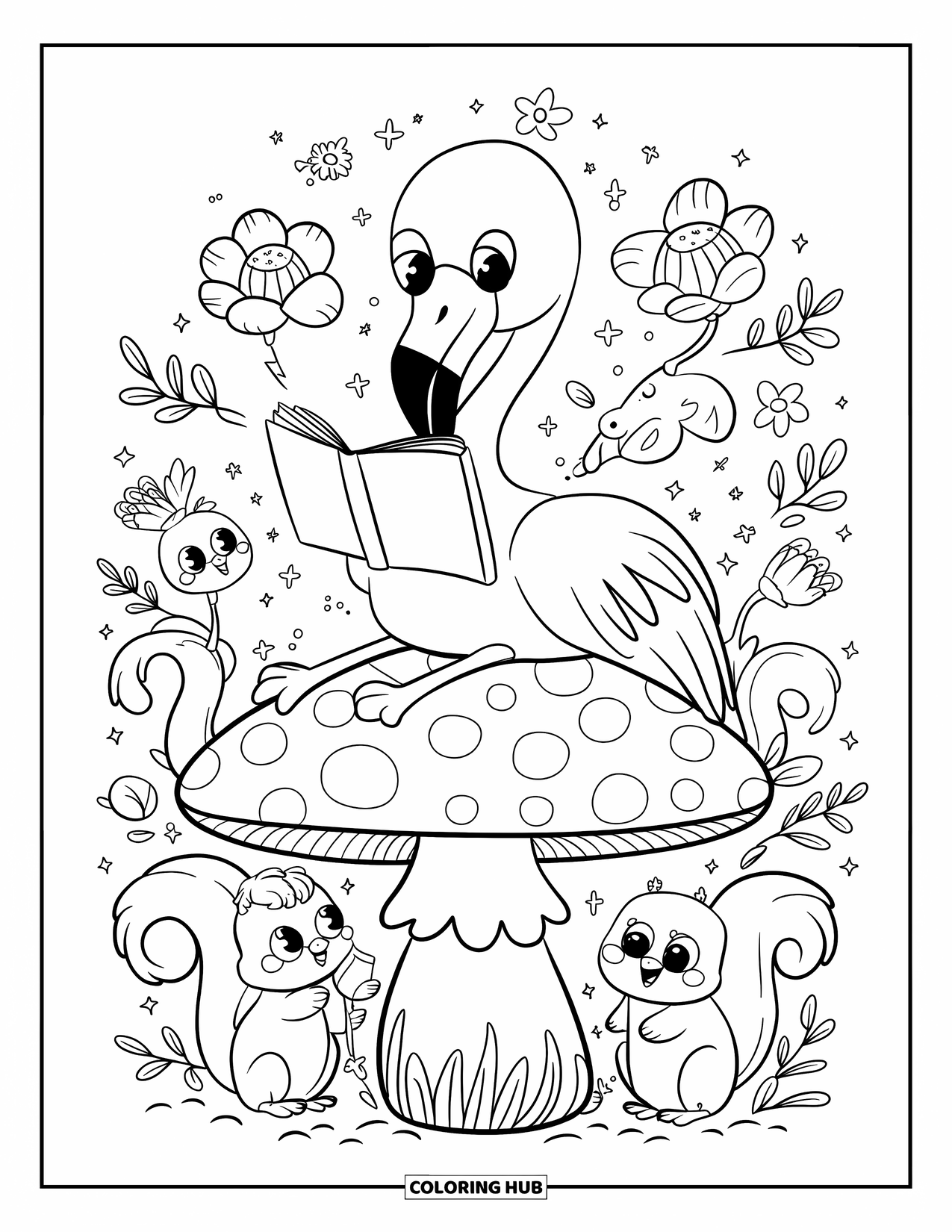 Desenho de flamingo para colorir para adultos: Um flamingo senta em um cogumelo, lendo um livro enquanto está cercado por animais e flores