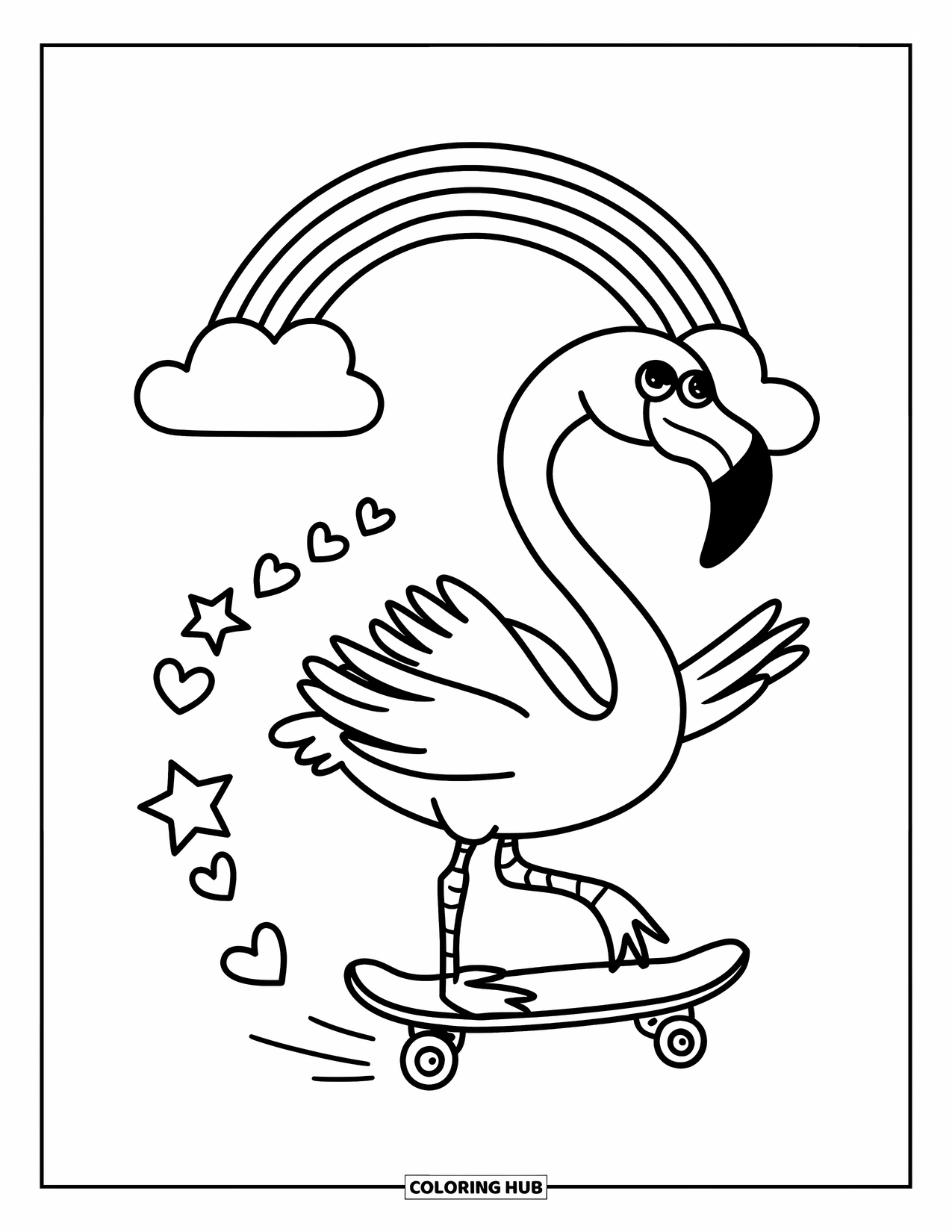 Desenho de flamingo para colorir para adultos: Um flamingo patina deixando estrelas e corações para trás, com um arco-íris e nuvens acima