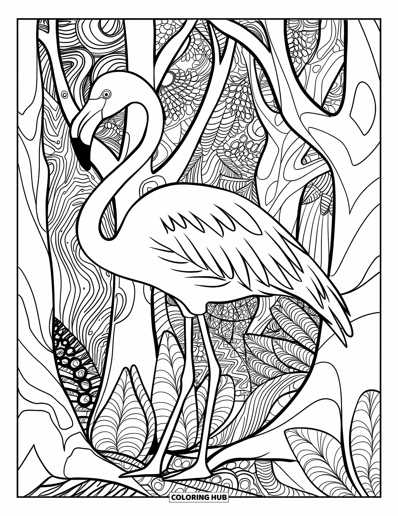 Desenho de flamingo para colorir para adultos: Um flamingo está em meio a padrões intrincados de árvores e samambaias