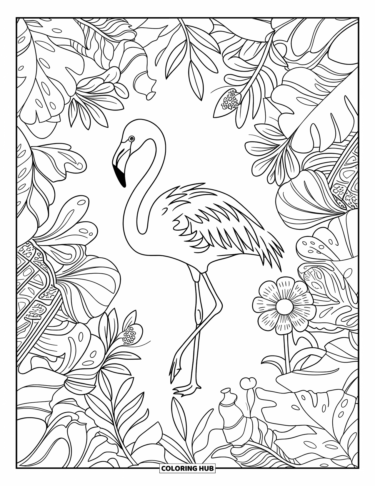 Desenho de flamingo para colorir para adultos: Um flamingo está entre flores e folhas tropicais detalhadas