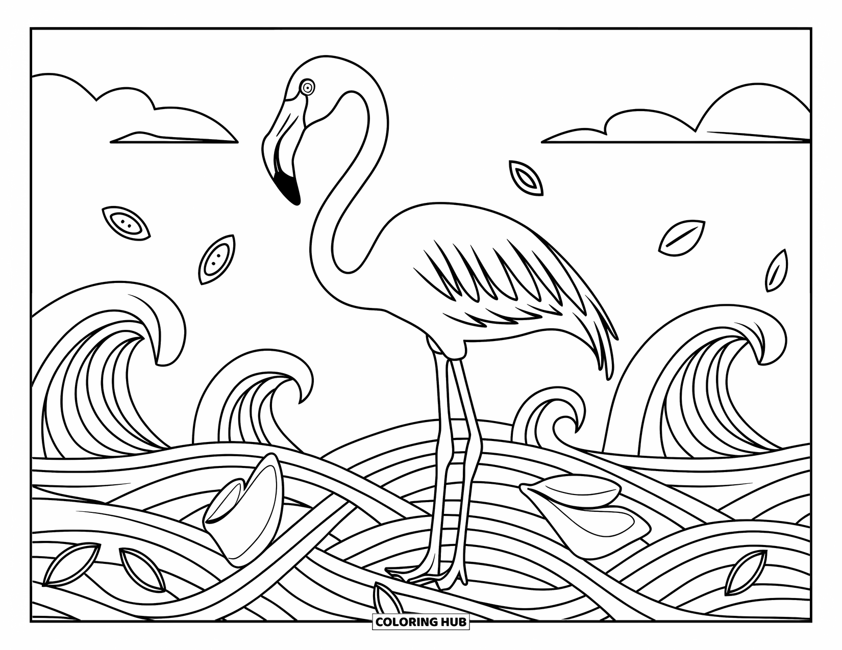 Desenho de flamingo para colorir para adultos: Um flamingo está entre folhas e ondas entrelaçadas sob um céu claro