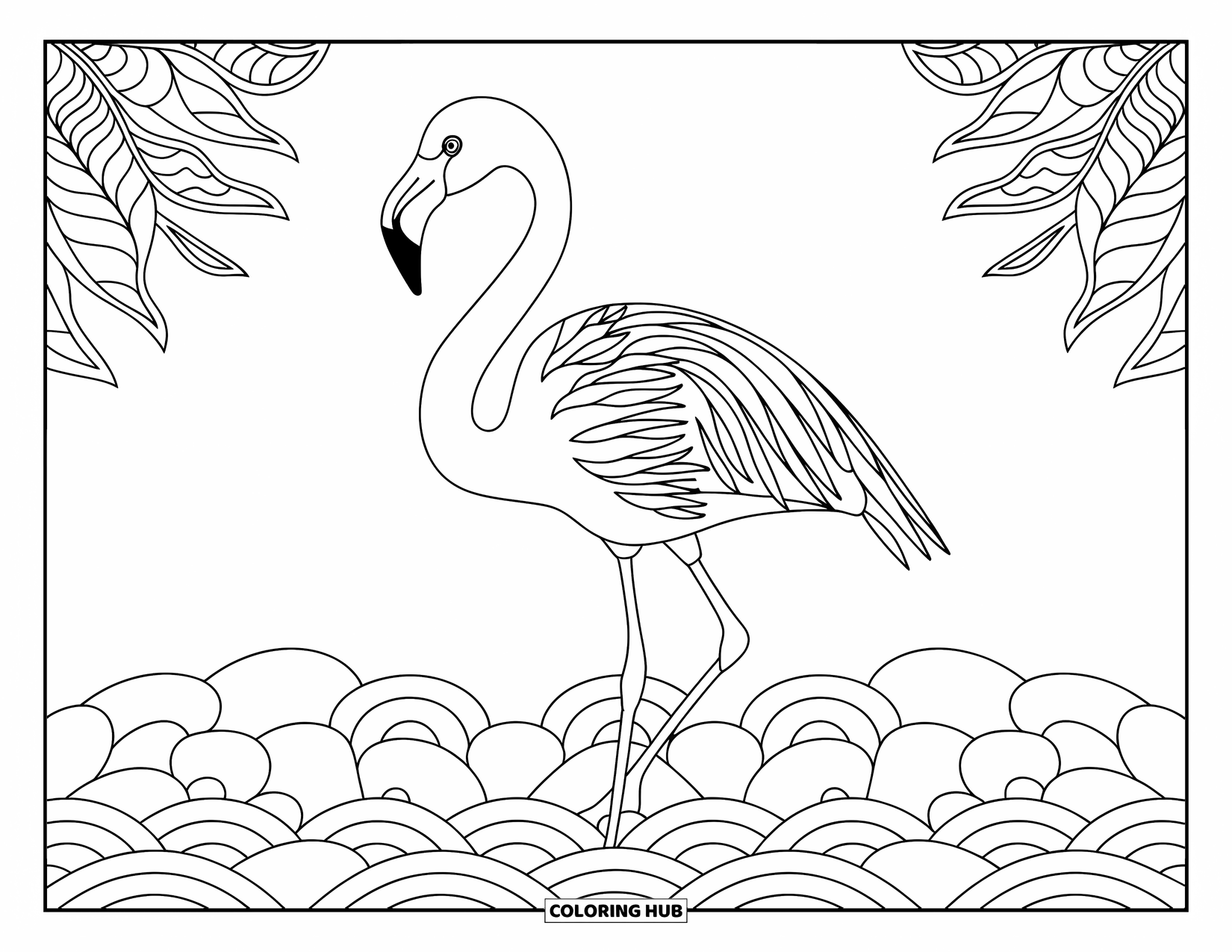Desenho de flamingo para colorir para adultos: Um flamingo está entre folhas e ondas com padrões intrincados ao redor