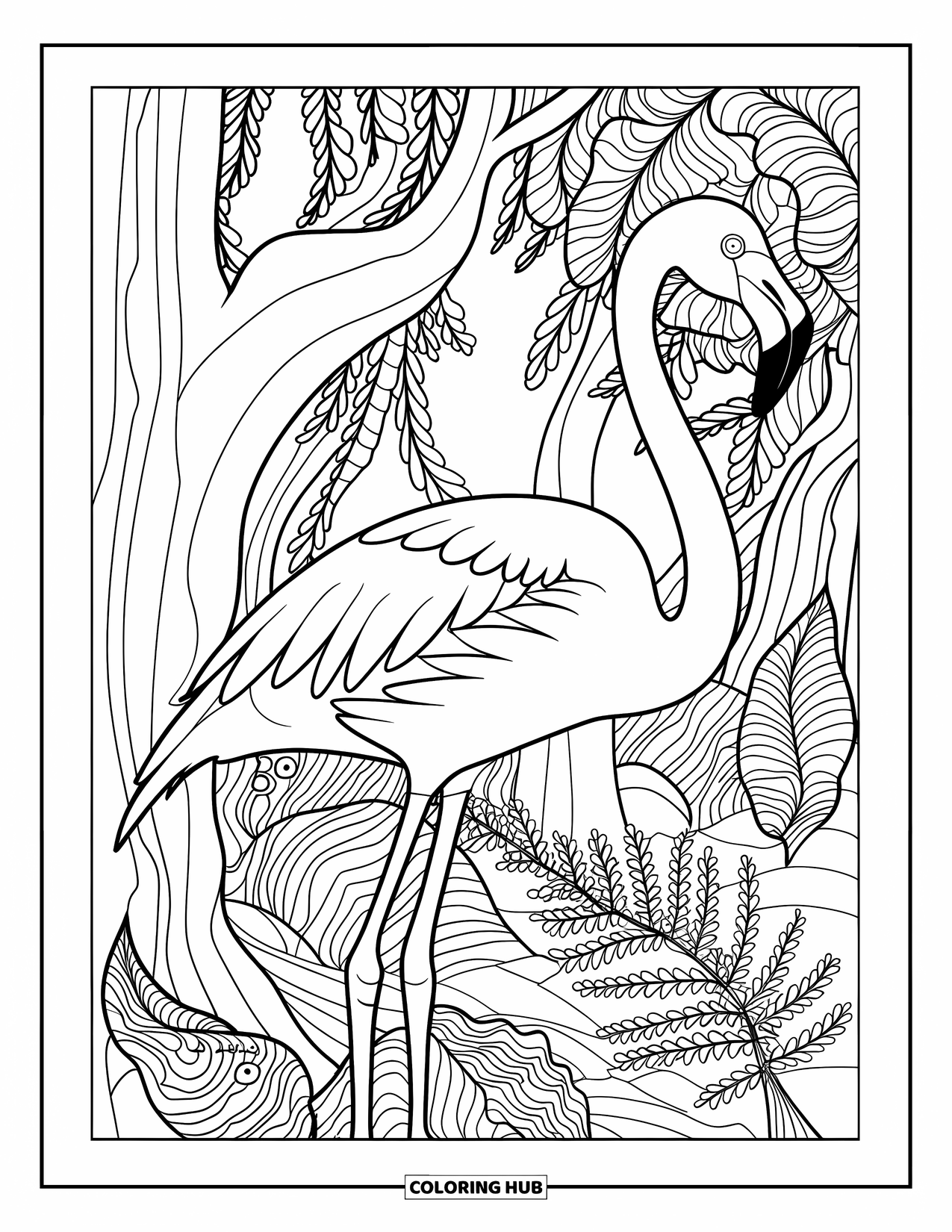 Desenho de flamingo para colorir para adultos: Um flamingo está entre árvores e samambaias em uma floresta tranquila