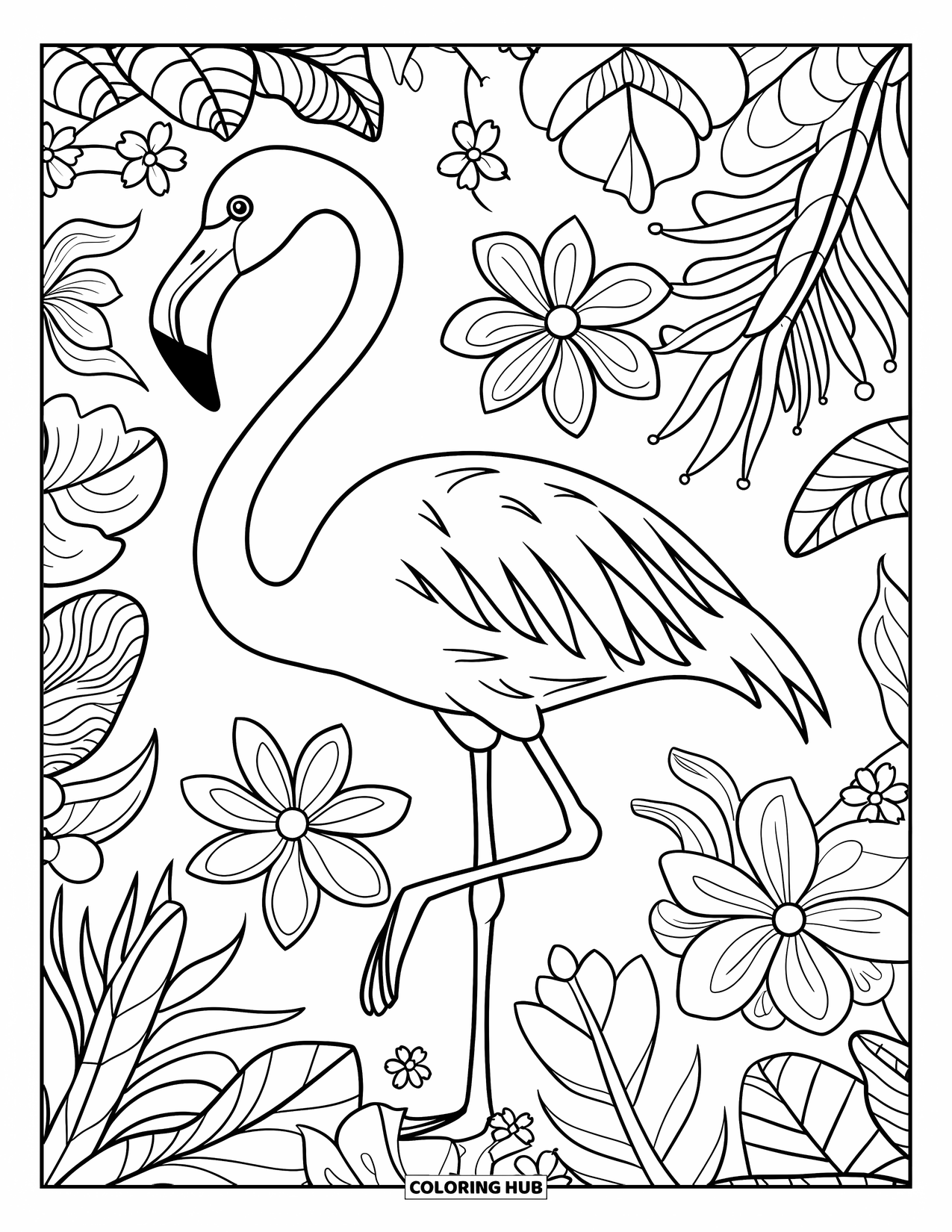 Desenho de flamingo para colorir para adultos: Um flamingo está entre flores e folhas tropicais