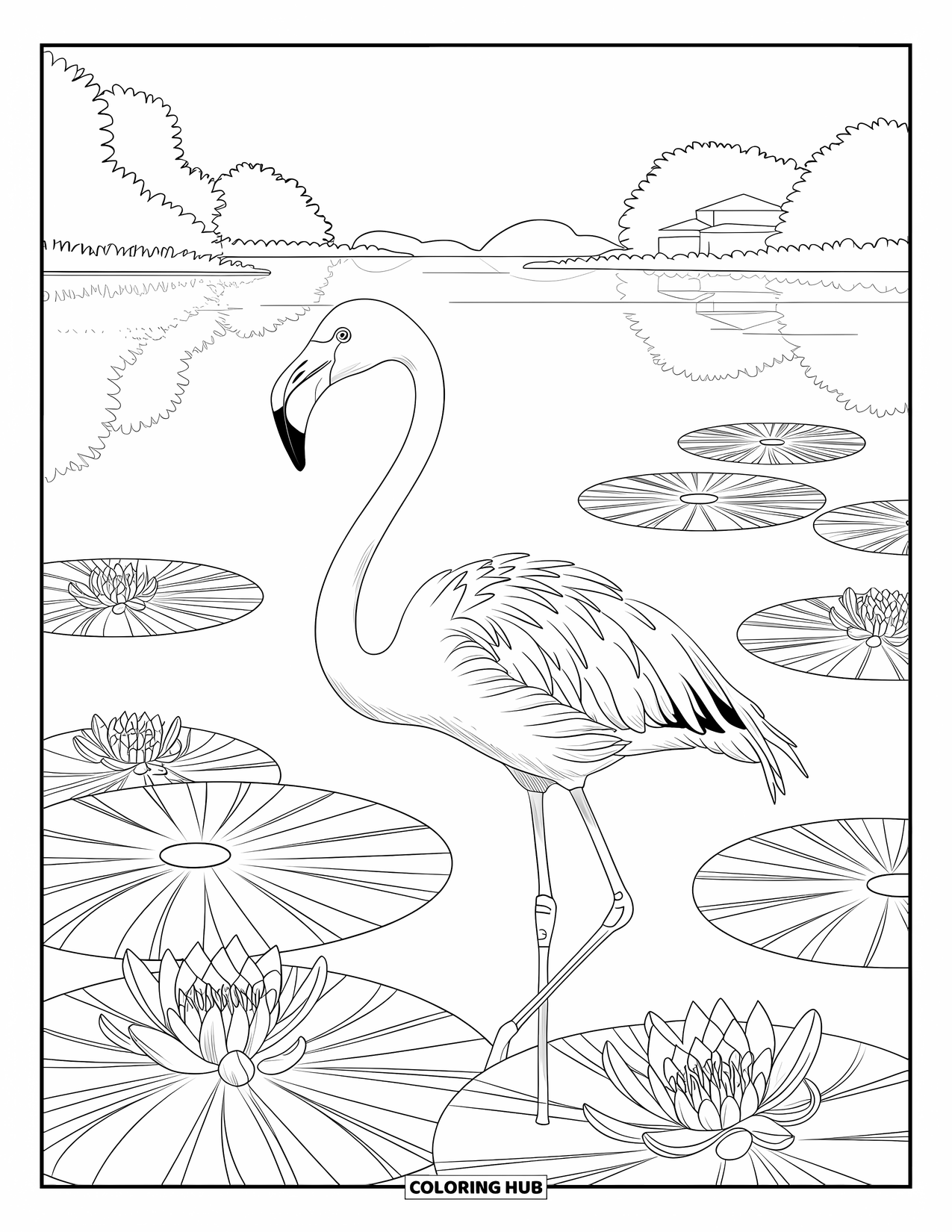 Desenho de flamingo para colorir para adultos: Um flamingo está perto de um lago refletindo o céu e as árvores