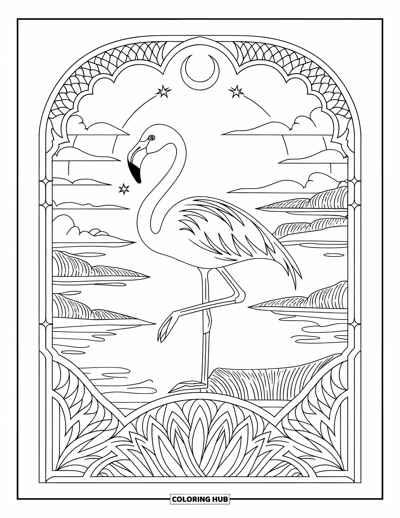 Desenho de flamingo para colorir para adultos: Um flamingo está graciosamente perto de águas calmas sob um céu com nuvens